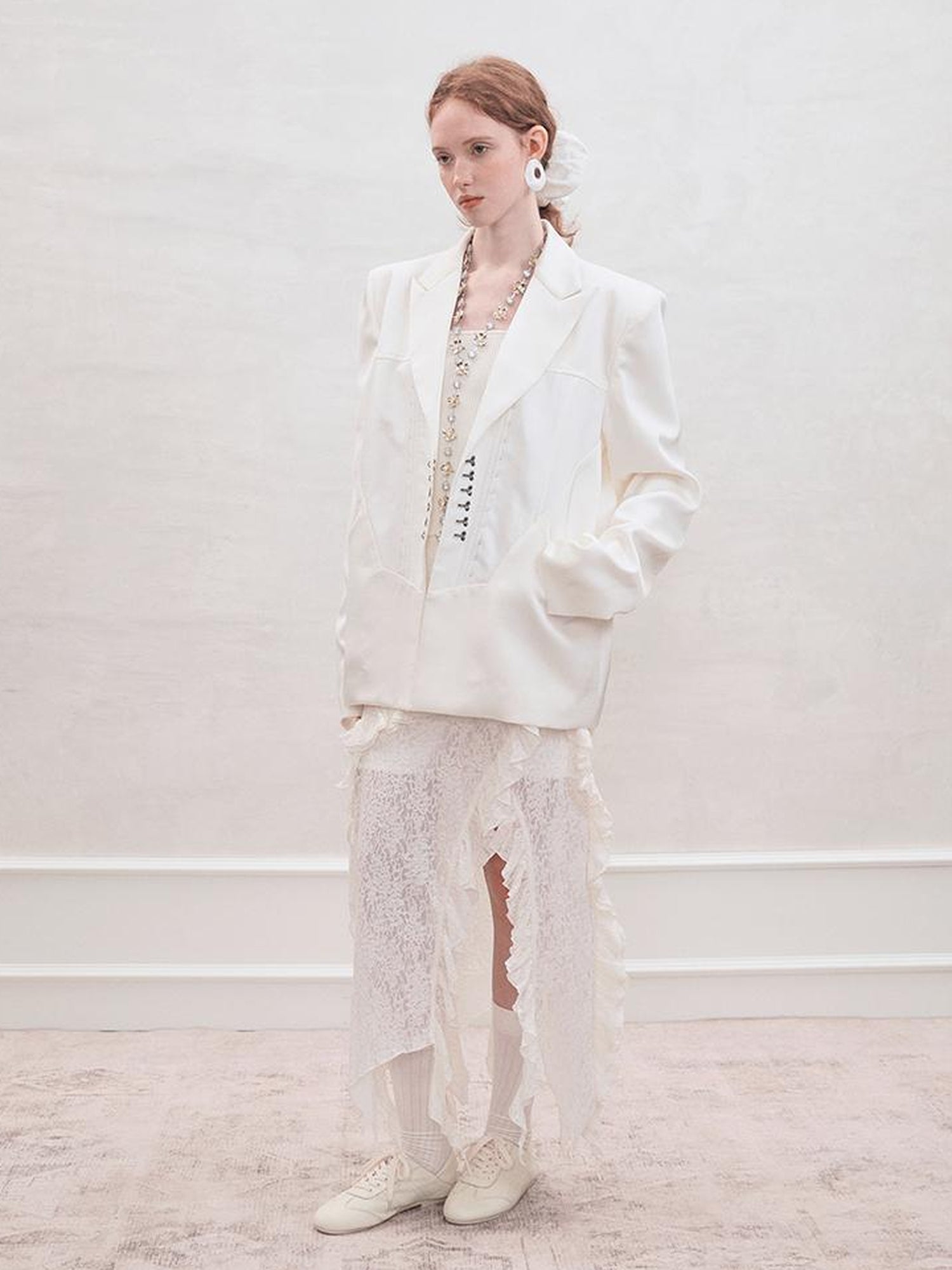 AnnoMundi Satin Boned Soft Armor White Blazer