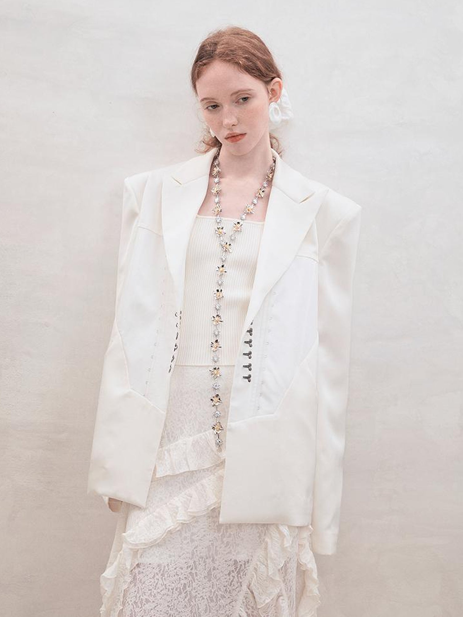 AnnoMundi Satin Boned Soft Armor White Blazer