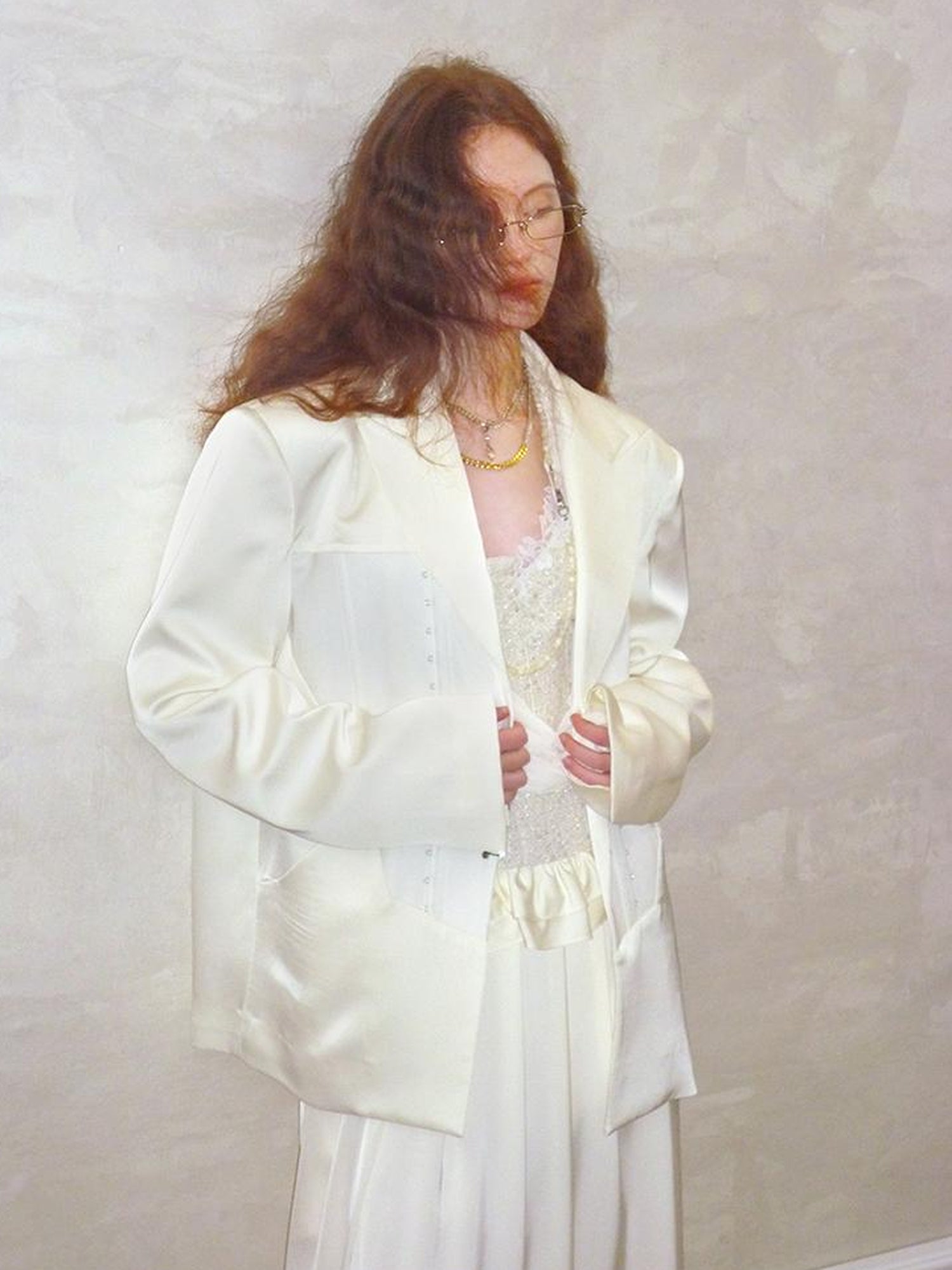 AnnoMundi Satin Boned Soft Armor White Blazer