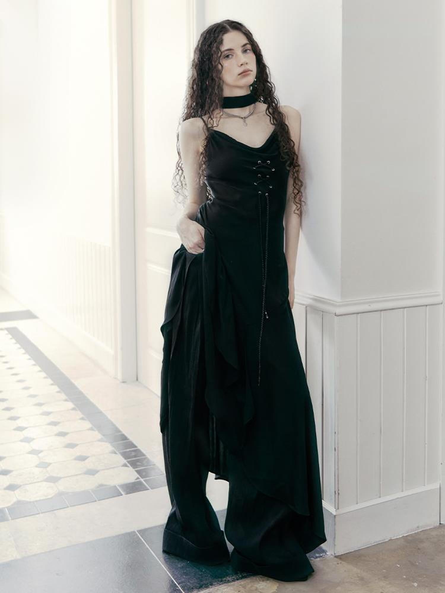 AnnoMundi Satin Slip Dress with Draped Neck and Asymmetric Hem