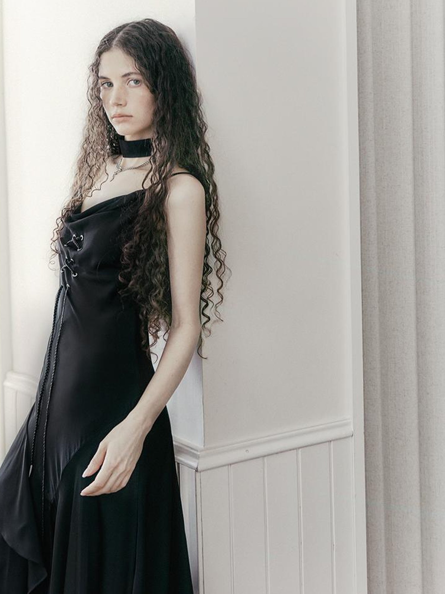 AnnoMundi Satin Slip Dress with Draped Neck and Asymmetric Hem