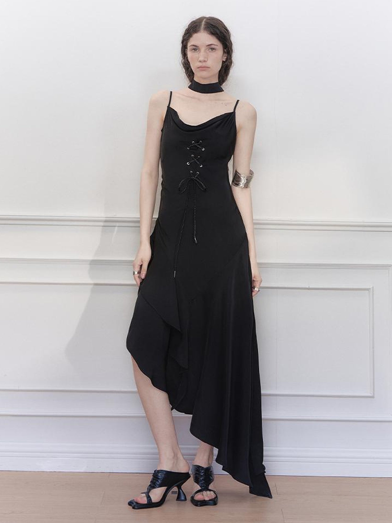 AnnoMundi Satin Slip Dress with Draped Neck and Asymmetric Hem