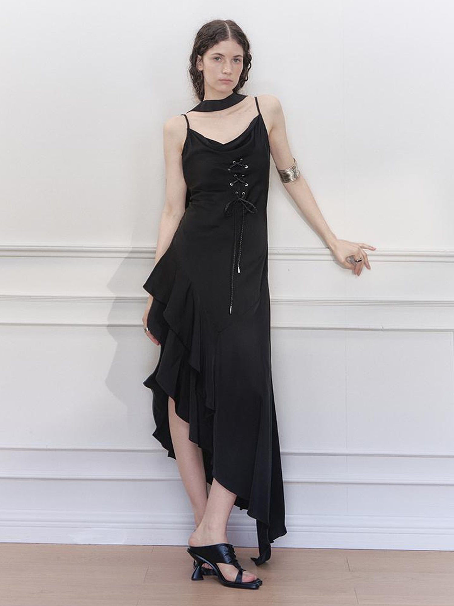 AnnoMundi Satin Slip Dress with Draped Neck and Asymmetric Hem