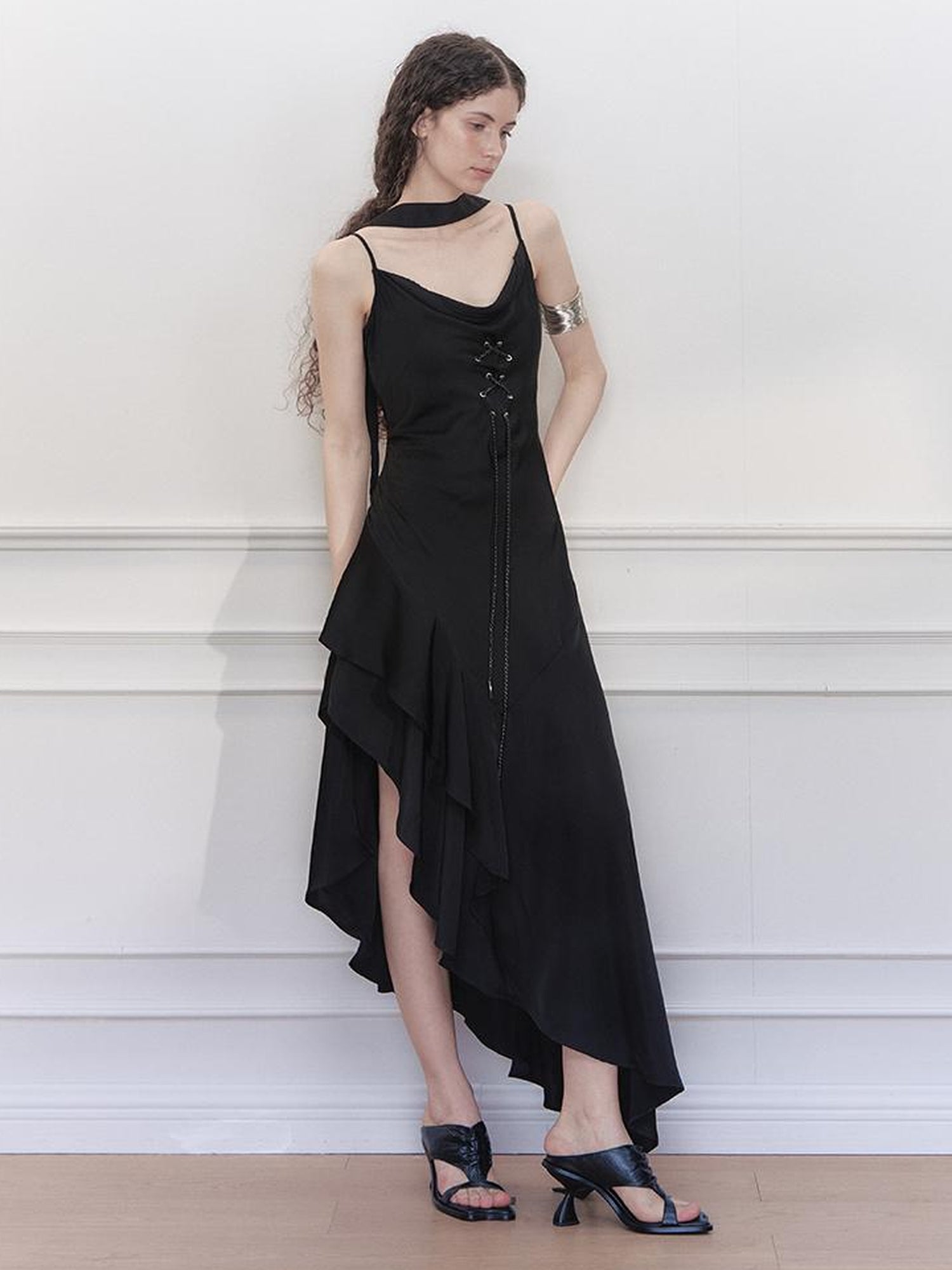 AnnoMundi Satin Slip Dress with Draped Neck and Asymmetric Hem