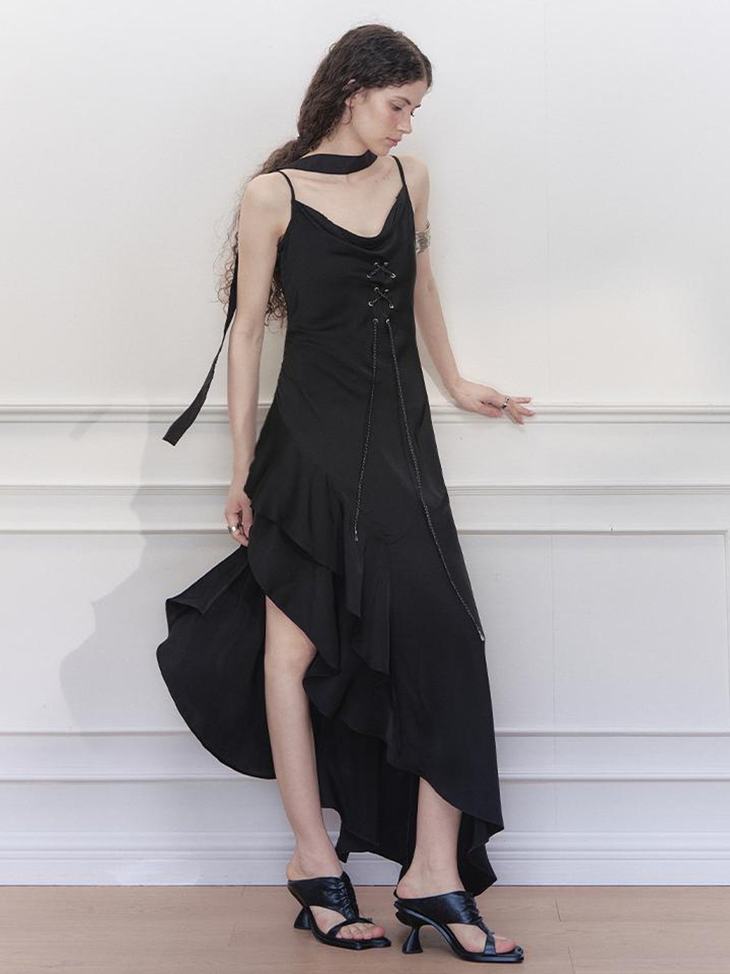 AnnoMundi Satin Slip Dress with Draped Neck and Asymmetric Hem
