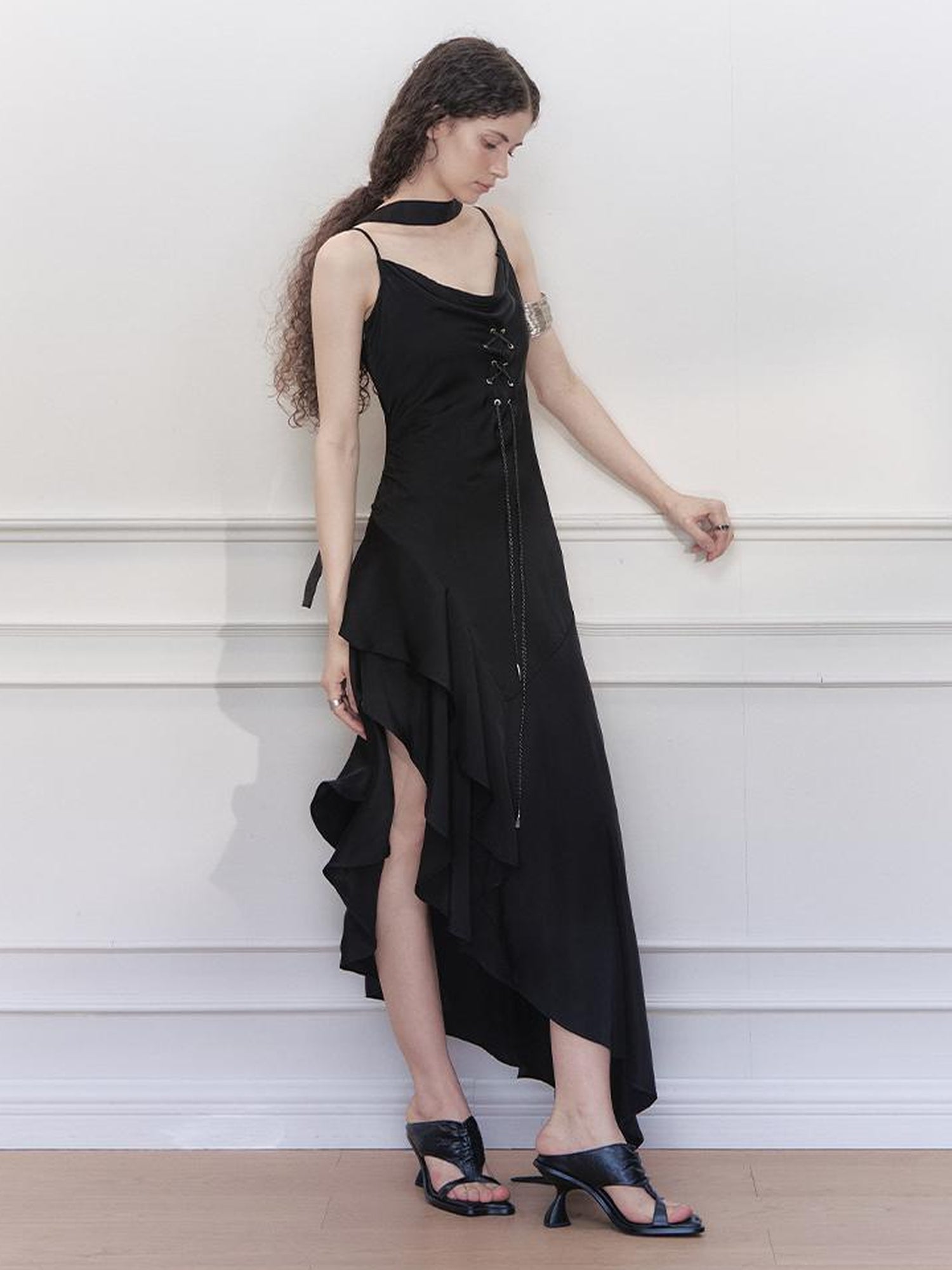 AnnoMundi Satin Slip Dress with Draped Neck and Asymmetric Hem