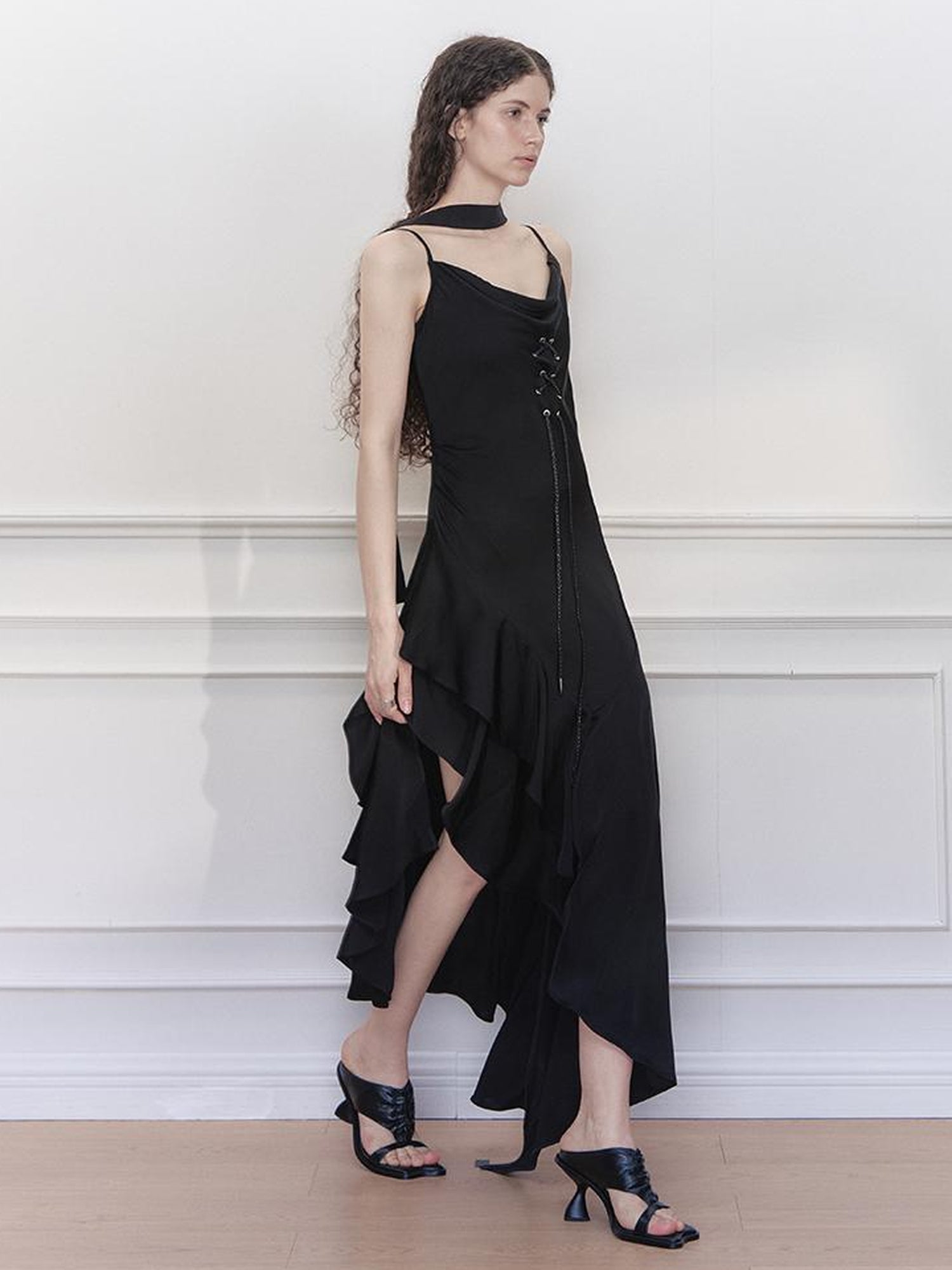 AnnoMundi Satin Slip Dress with Draped Neck and Asymmetric Hem