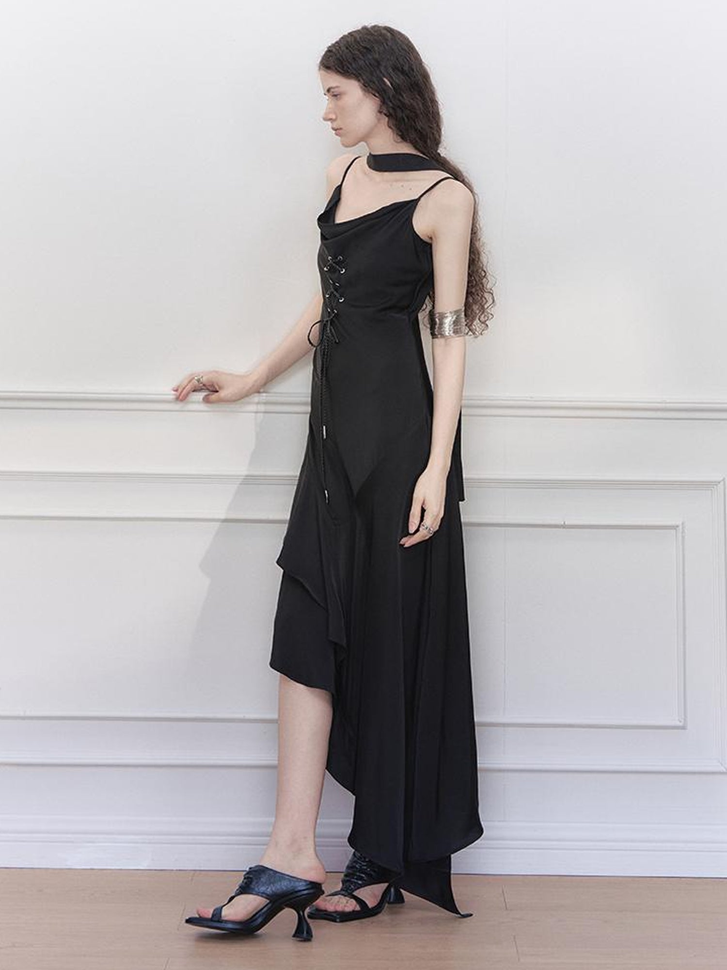 AnnoMundi Satin Slip Dress with Draped Neck and Asymmetric Hem
