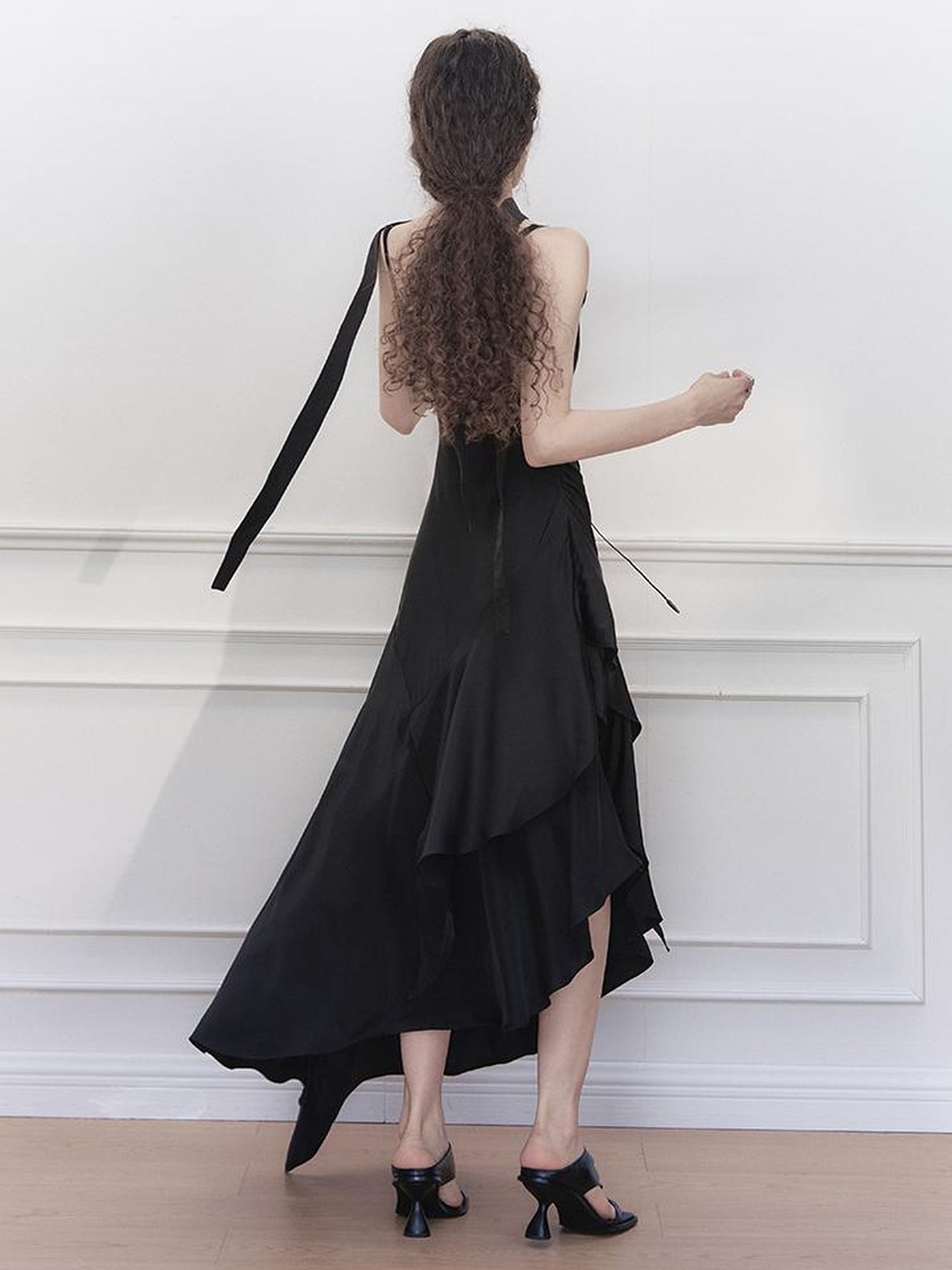 AnnoMundi Satin Slip Dress with Draped Neck and Asymmetric Hem