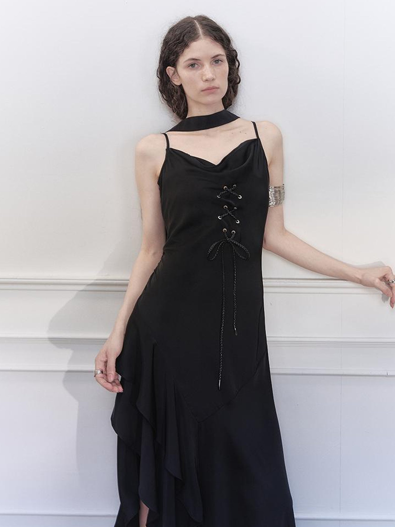 AnnoMundi Satin Slip Dress with Draped Neck and Asymmetric Hem