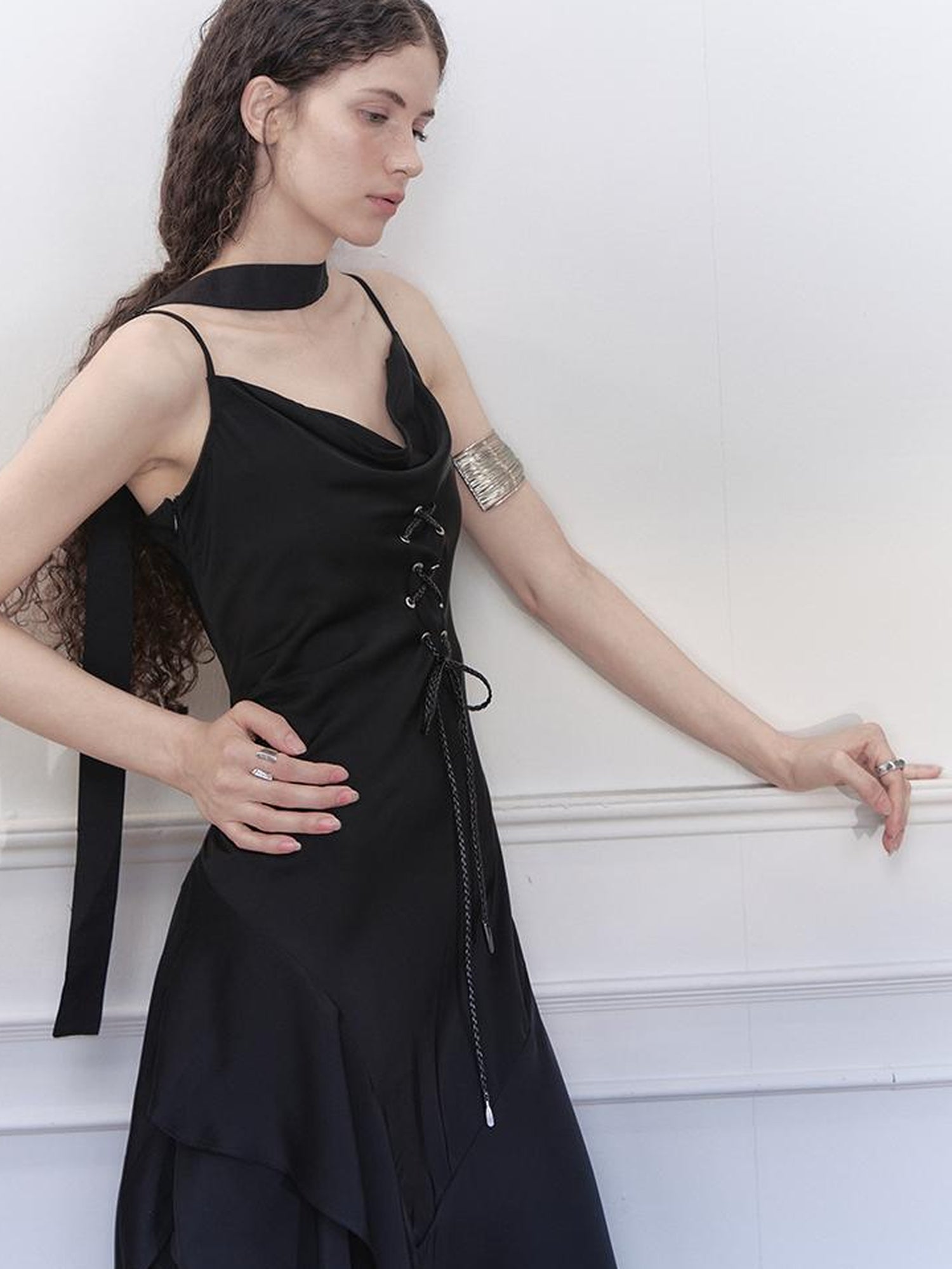 AnnoMundi Satin Slip Dress with Draped Neck and Asymmetric Hem