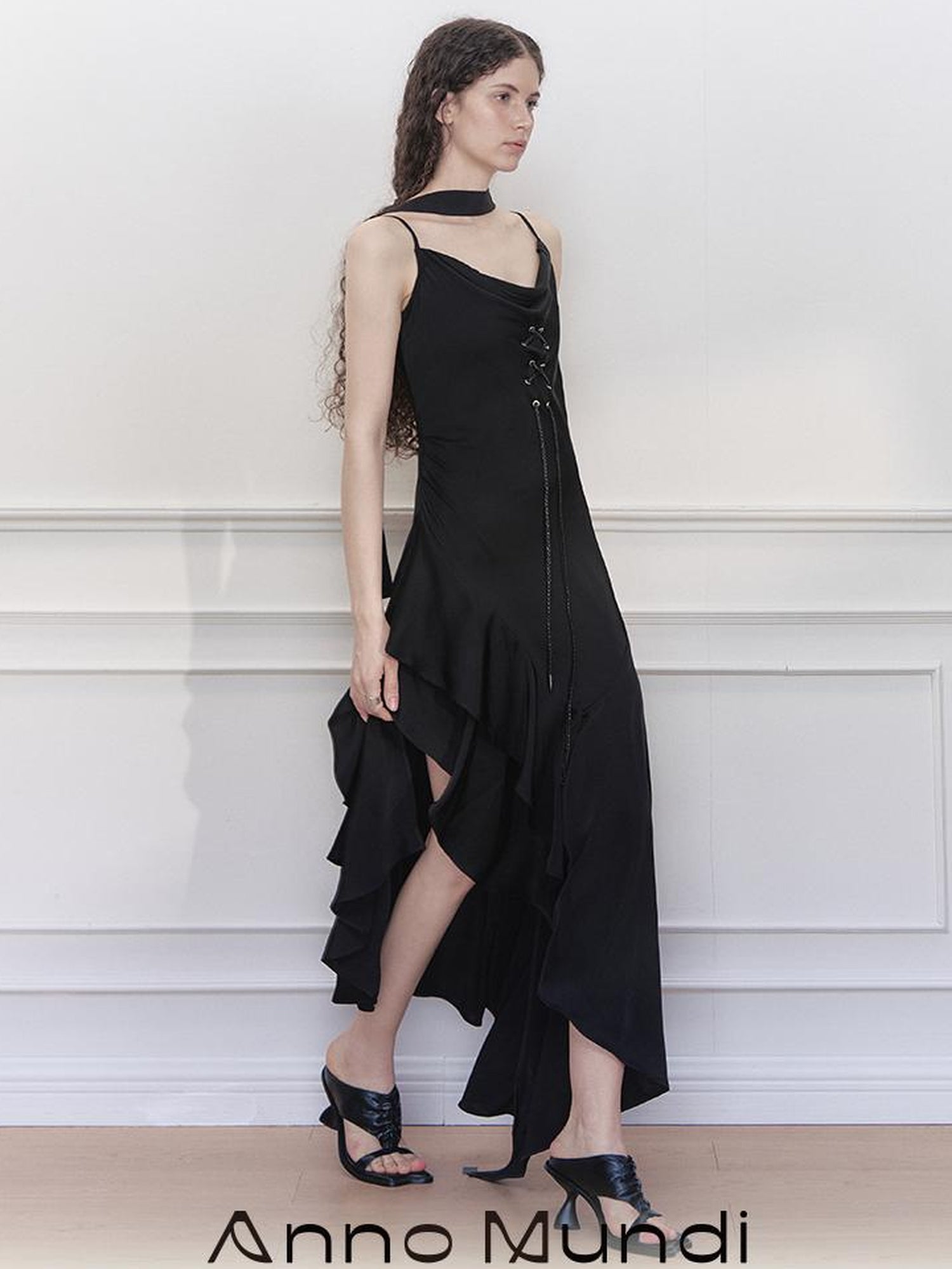 AnnoMundi Satin Slip Dress with Draped Neck and Asymmetric Hem