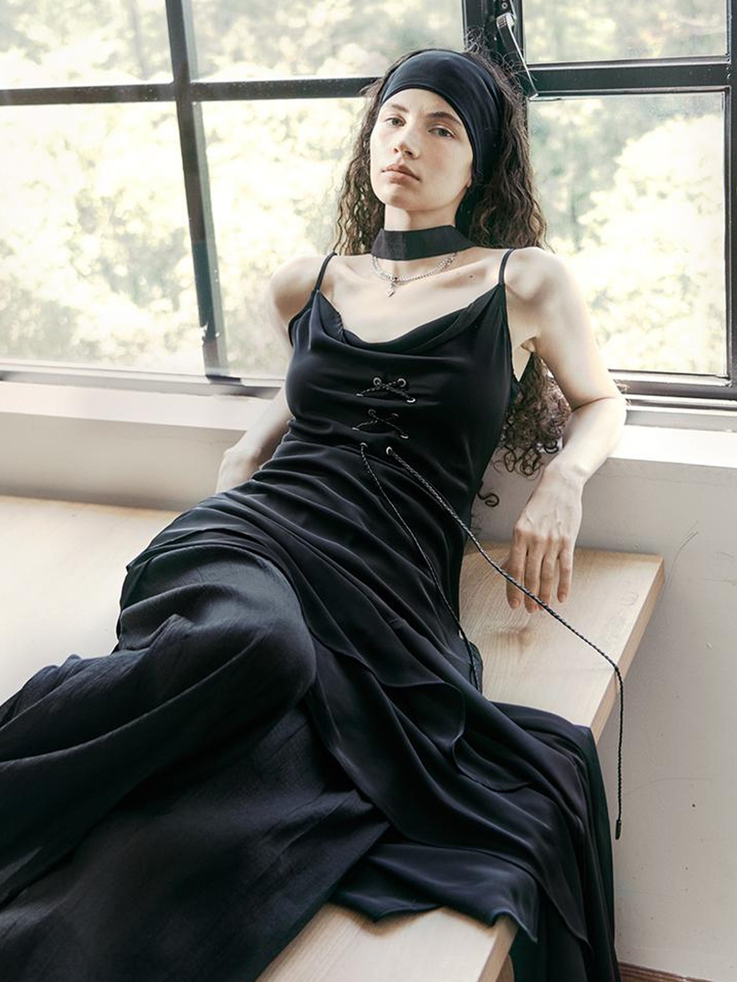 AnnoMundi Satin Slip Dress with Draped Neck and Asymmetric Hem