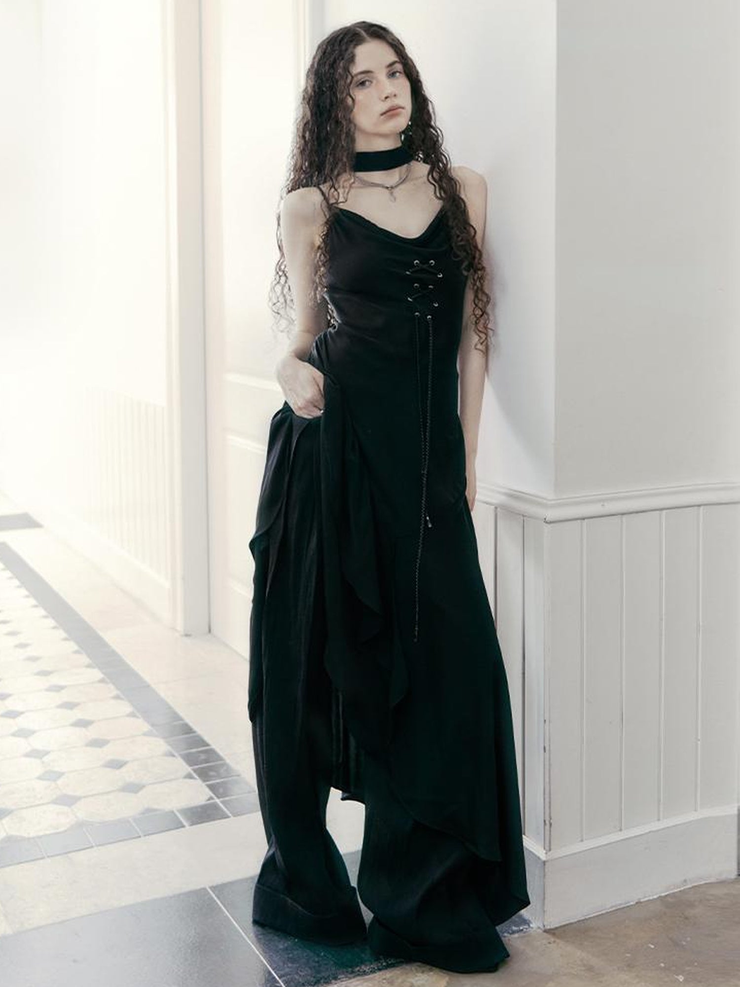 AnnoMundi Satin Slip Dress with Draped Neck and Asymmetric Hem