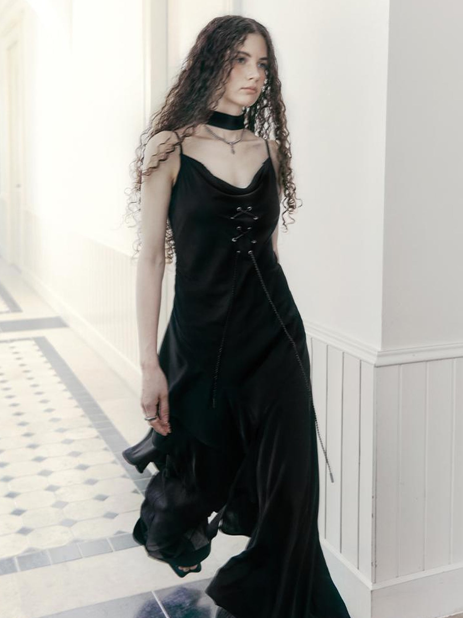 AnnoMundi Satin Slip Dress with Draped Neck and Asymmetric Hem