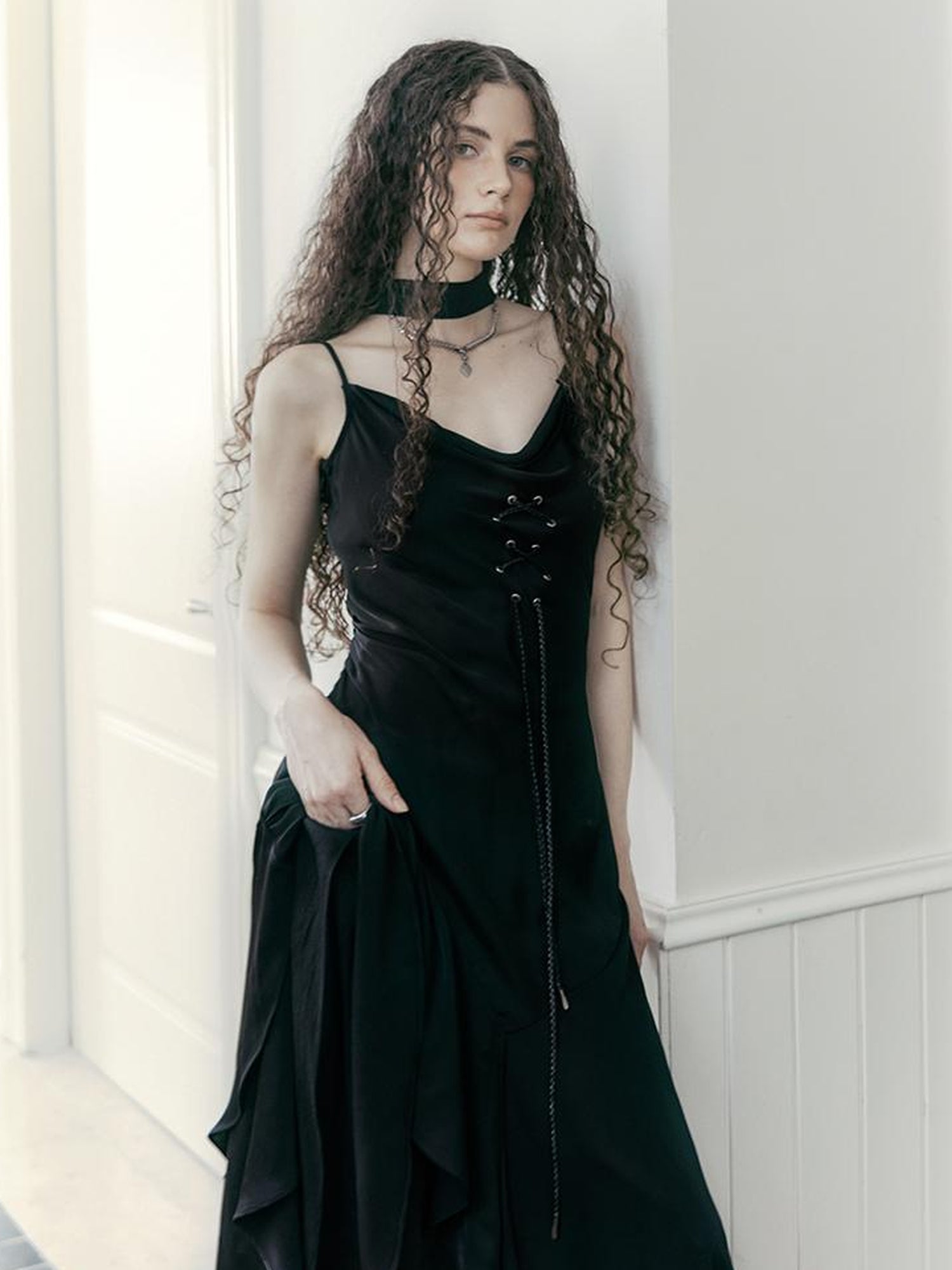 AnnoMundi Satin Slip Dress with Draped Neck and Asymmetric Hem