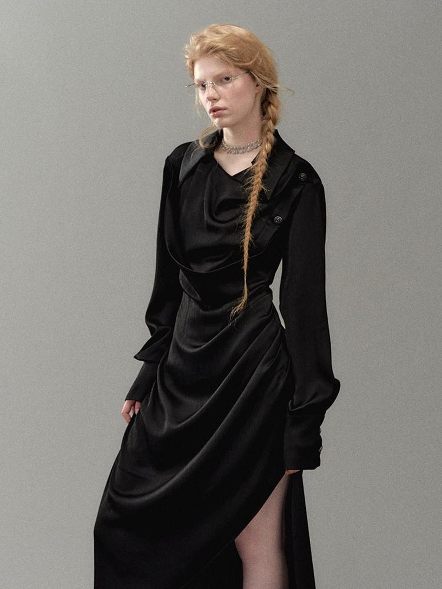 AnnoMundi Satin Slit Draped Neck Asymmetrical Dress