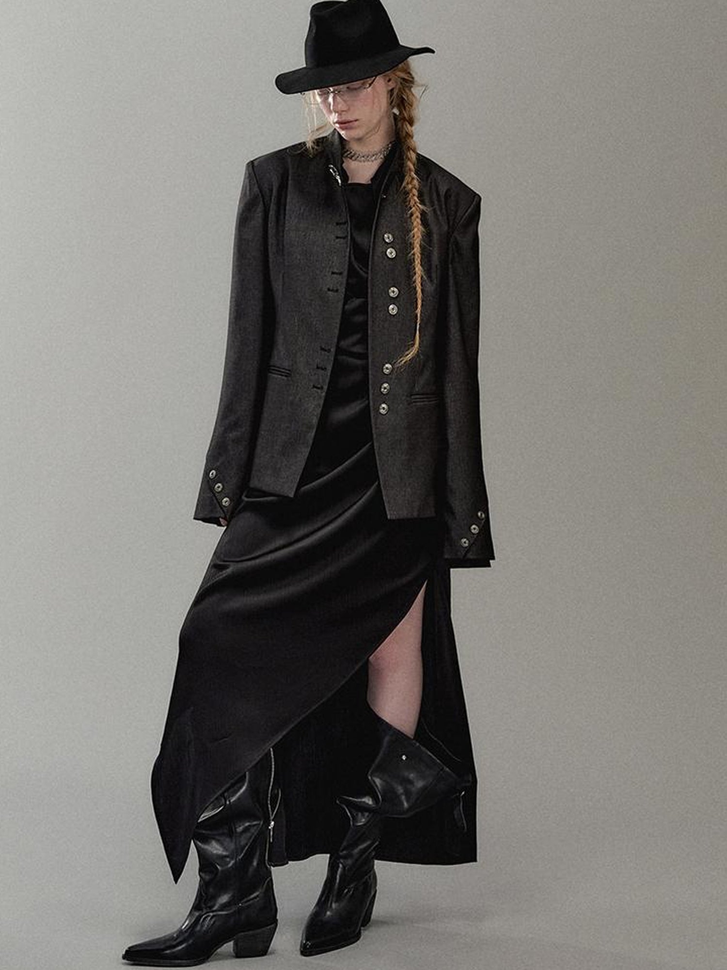 AnnoMundi Satin Slit Draped Neck Asymmetrical Dress