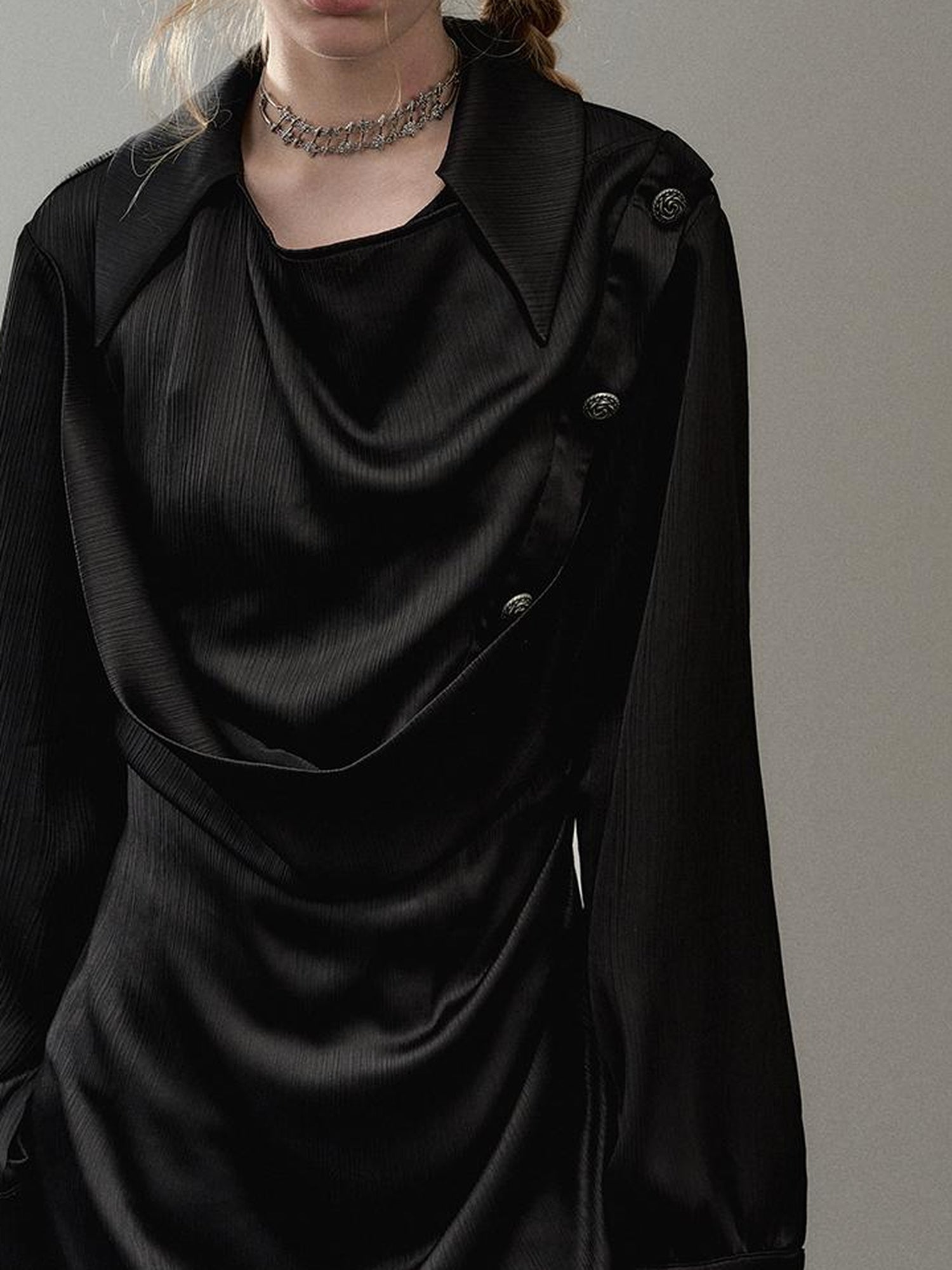 AnnoMundi Satin Slit Draped Neck Asymmetrical Dress