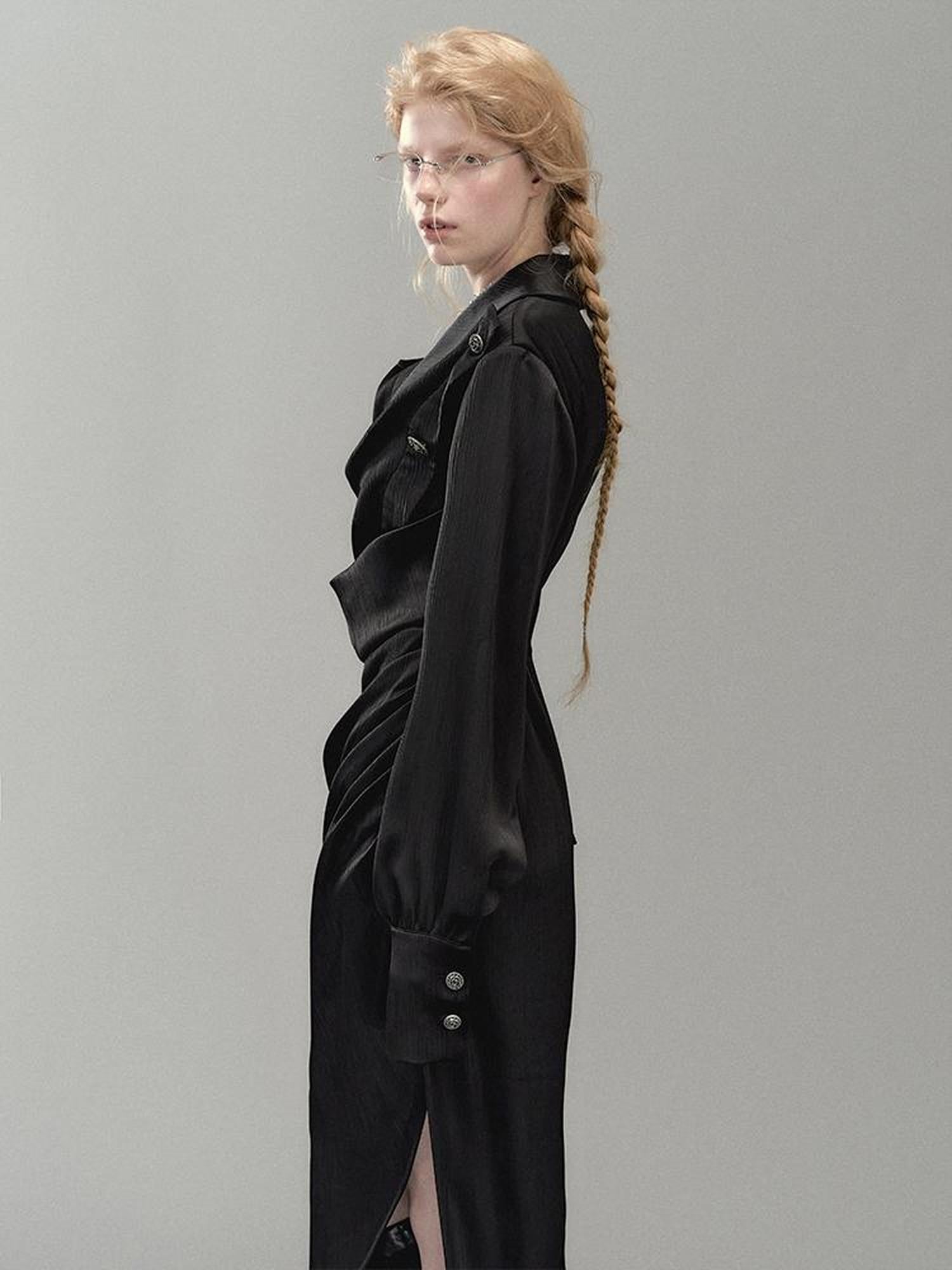 AnnoMundi Satin Slit Draped Neck Asymmetrical Dress