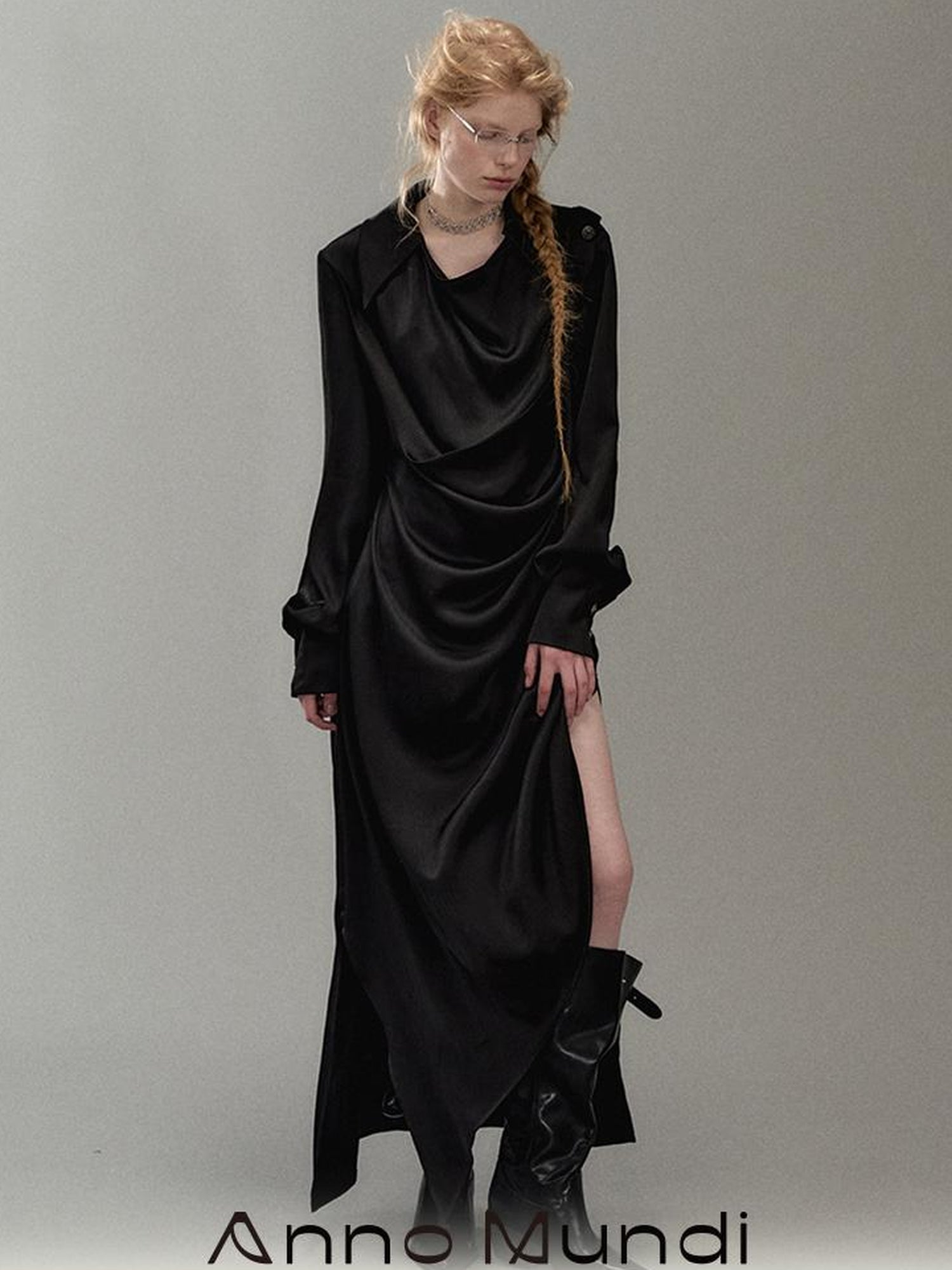 AnnoMundi Satin Slit Draped Neck Asymmetrical Dress