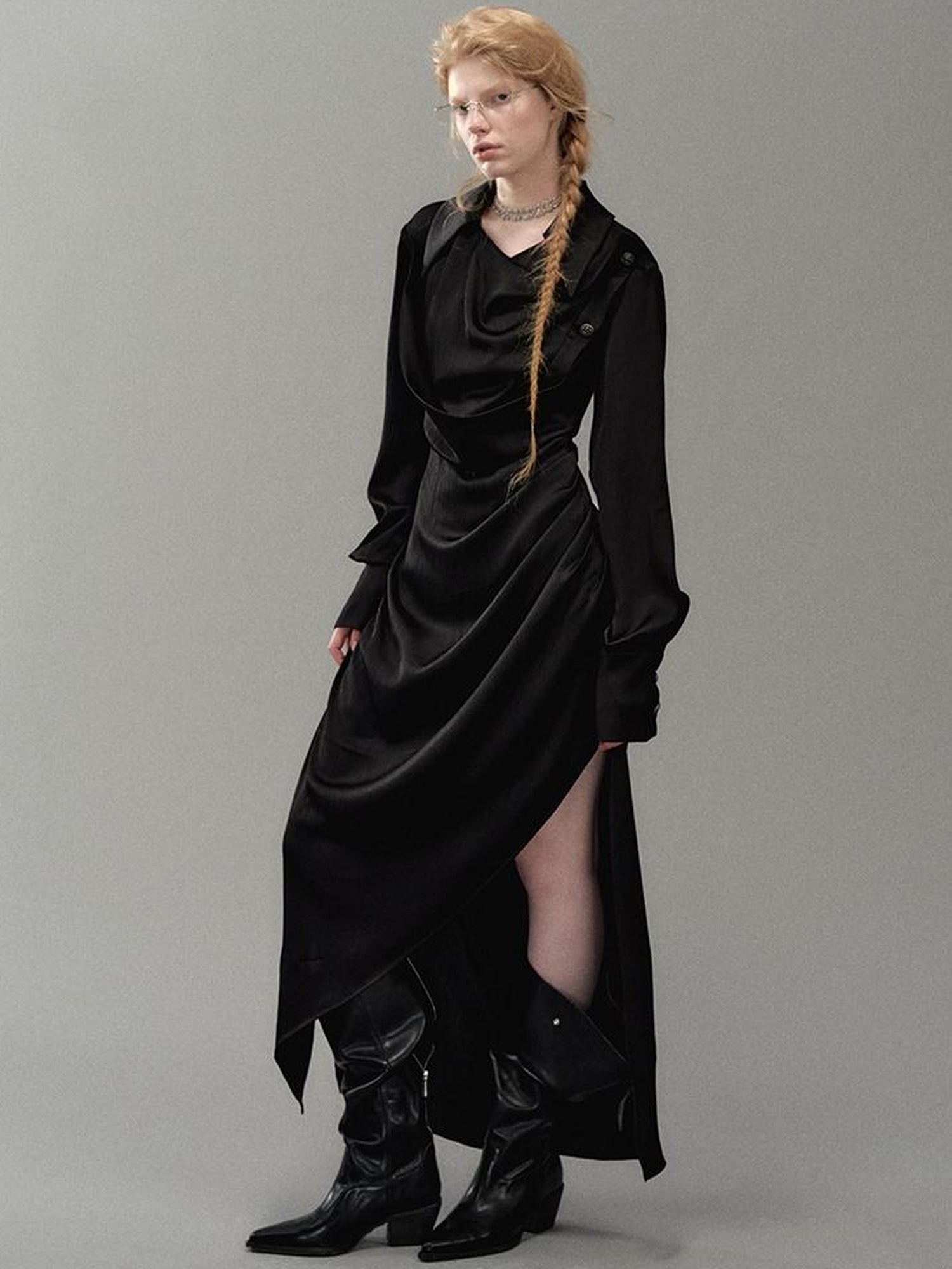 AnnoMundi Satin Slit Draped Neck Asymmetrical Dress