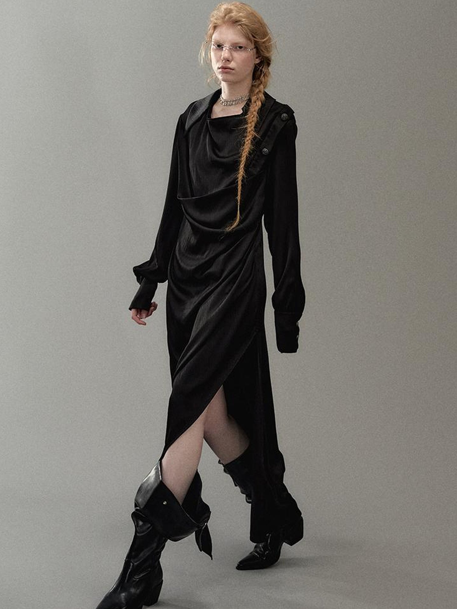 AnnoMundi Satin Slit Draped Neck Asymmetrical Dress