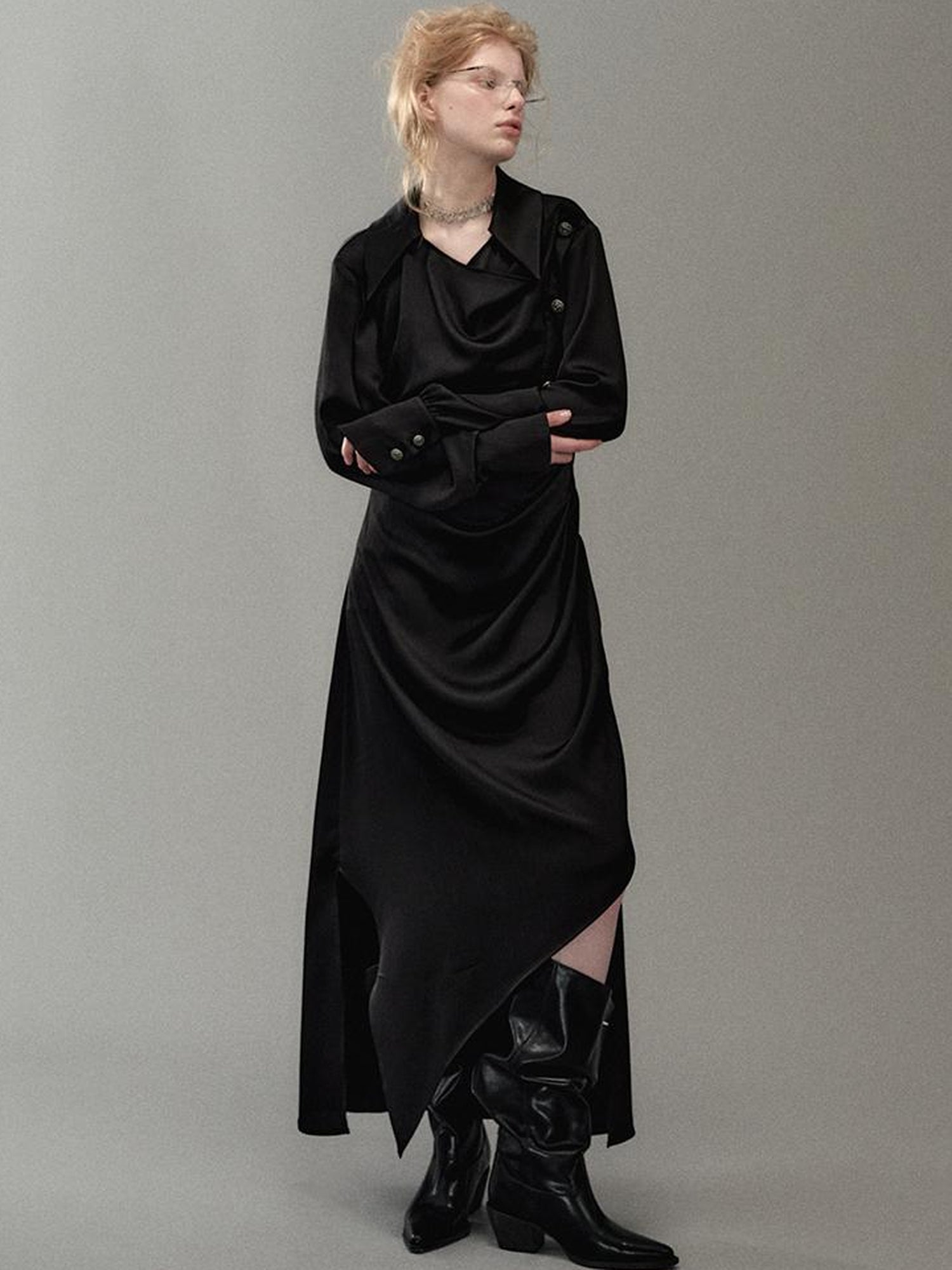 AnnoMundi Satin Slit Draped Neck Asymmetrical Dress