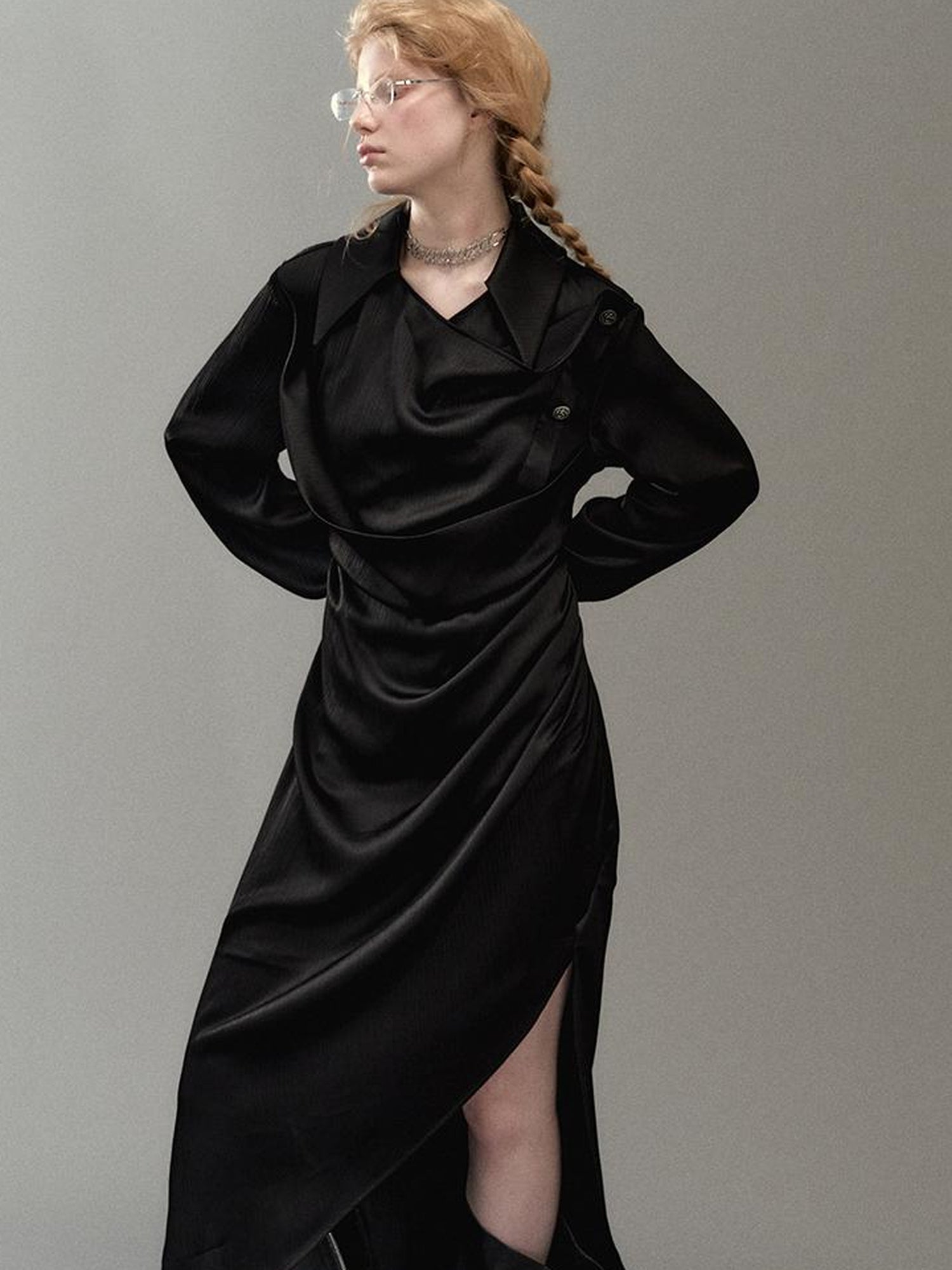 AnnoMundi Satin Slit Draped Neck Asymmetrical Dress