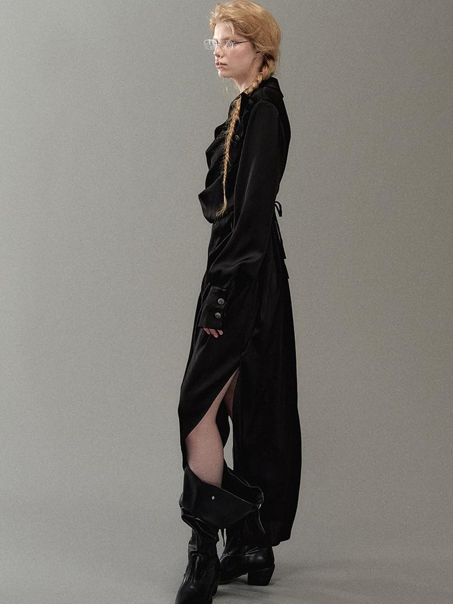 AnnoMundi Satin Slit Draped Neck Asymmetrical Dress