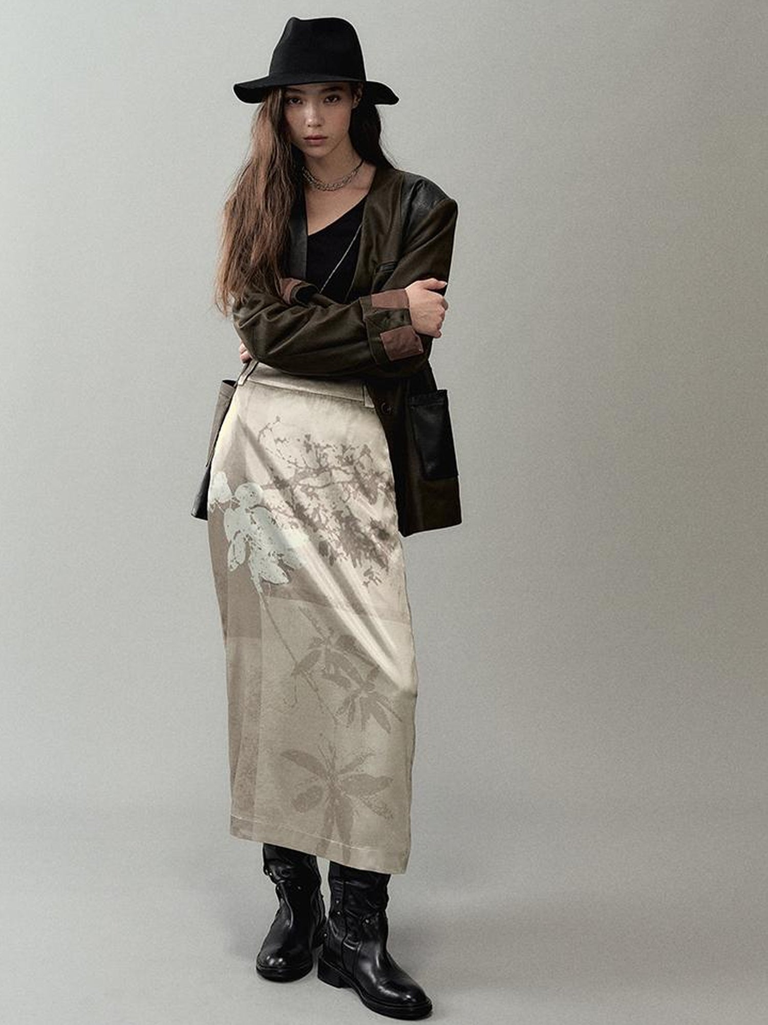 AnnoMundi Satin Slit Hem Midi Skirt with Branch Print