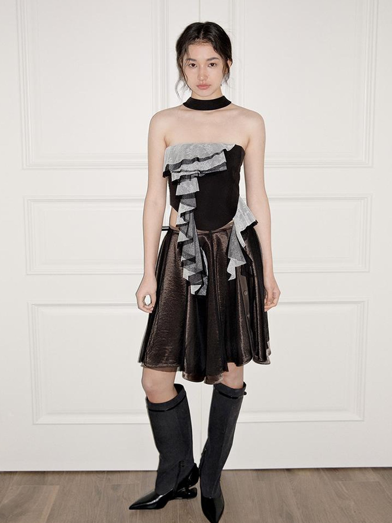 AnnoMundi Satin Trimmed Sheer Mesh A Line Skirt