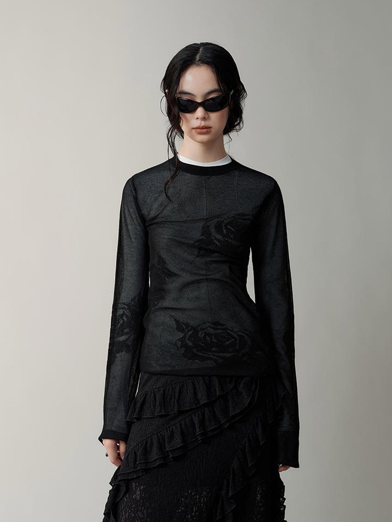 AnnoMundi Semi Sheer Rose Jacquard Knit Tee