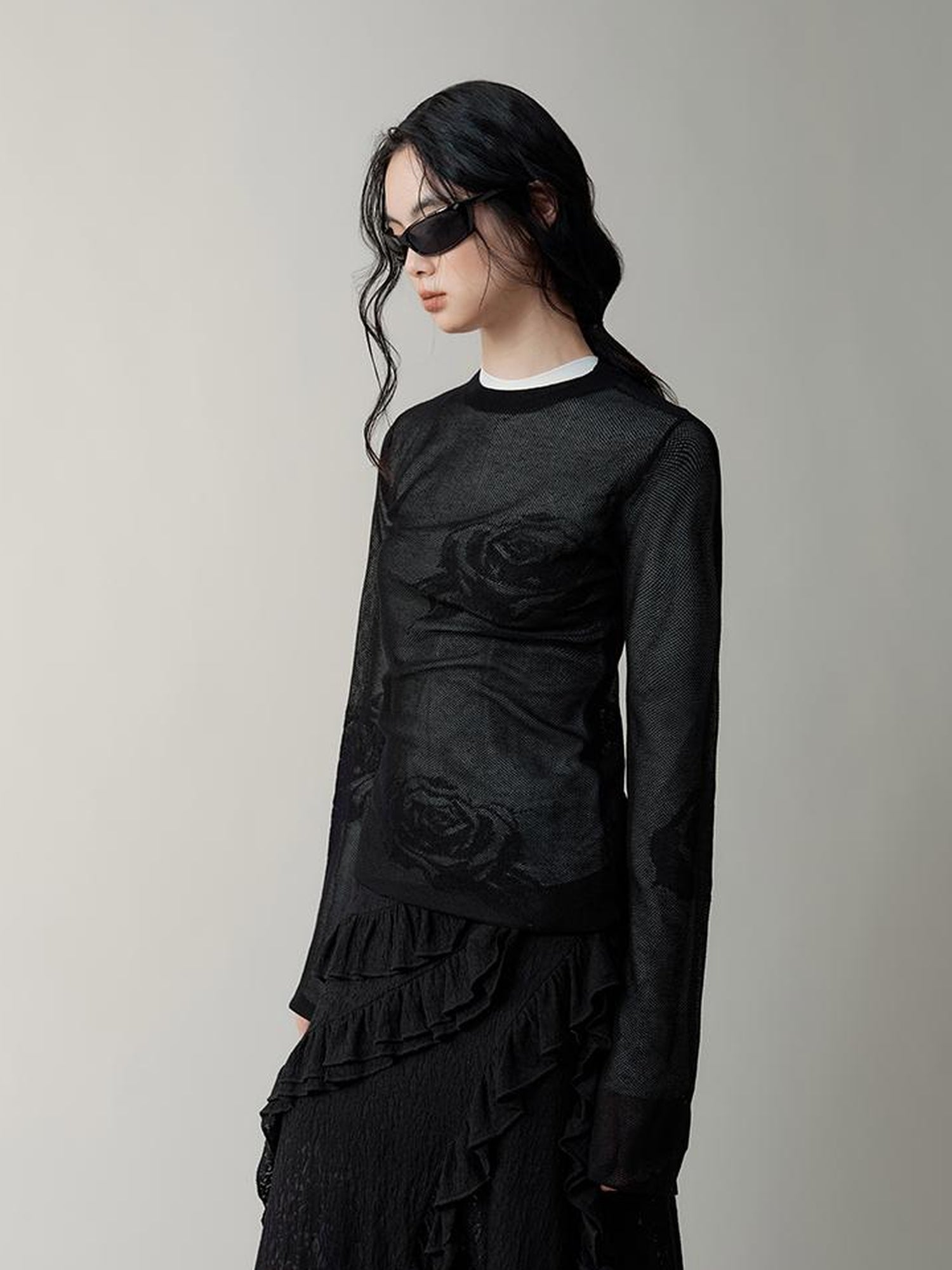 AnnoMundi Semi Sheer Rose Jacquard Knit Tee