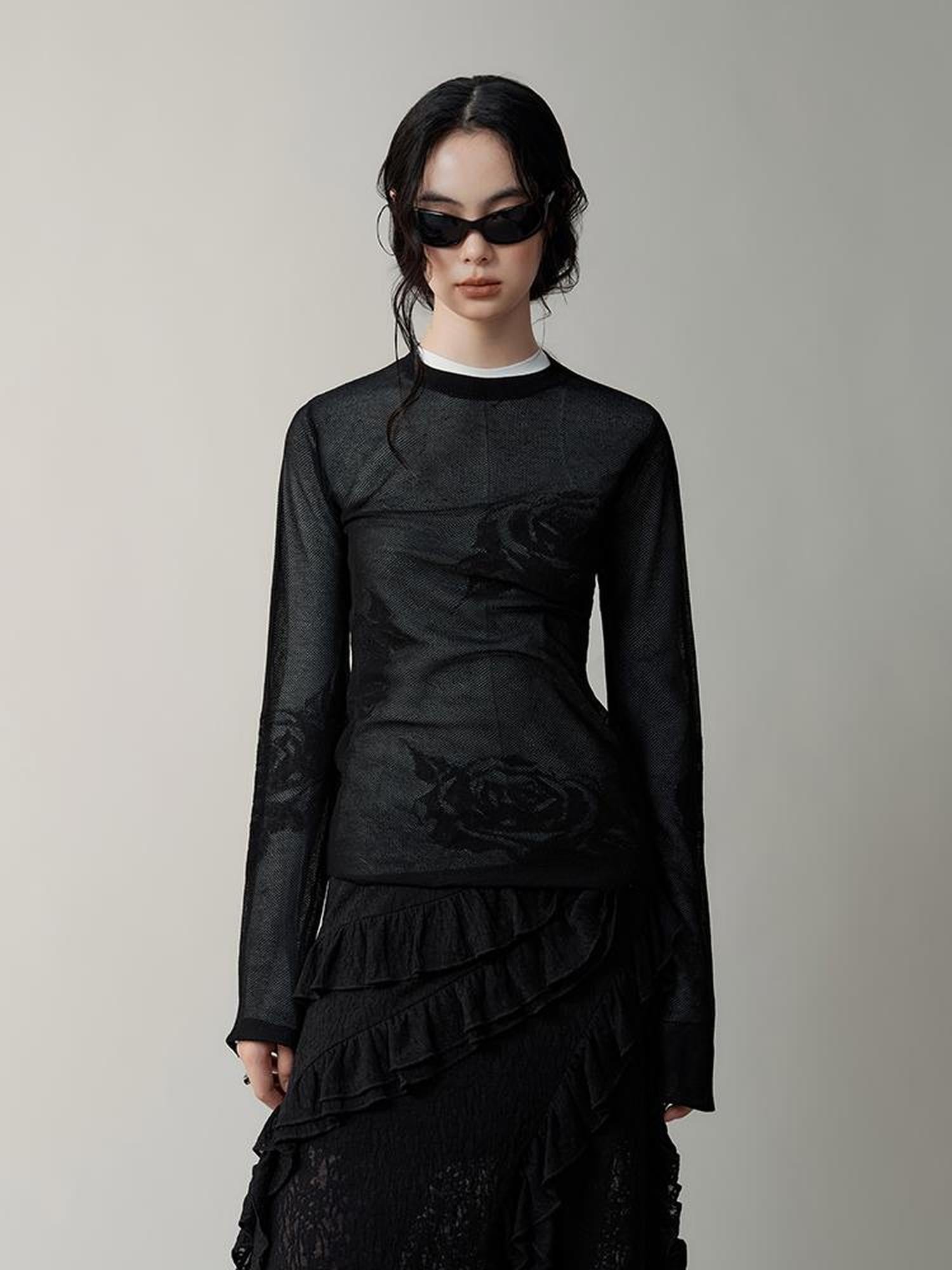 AnnoMundi Semi Sheer Rose Jacquard Knit Tee