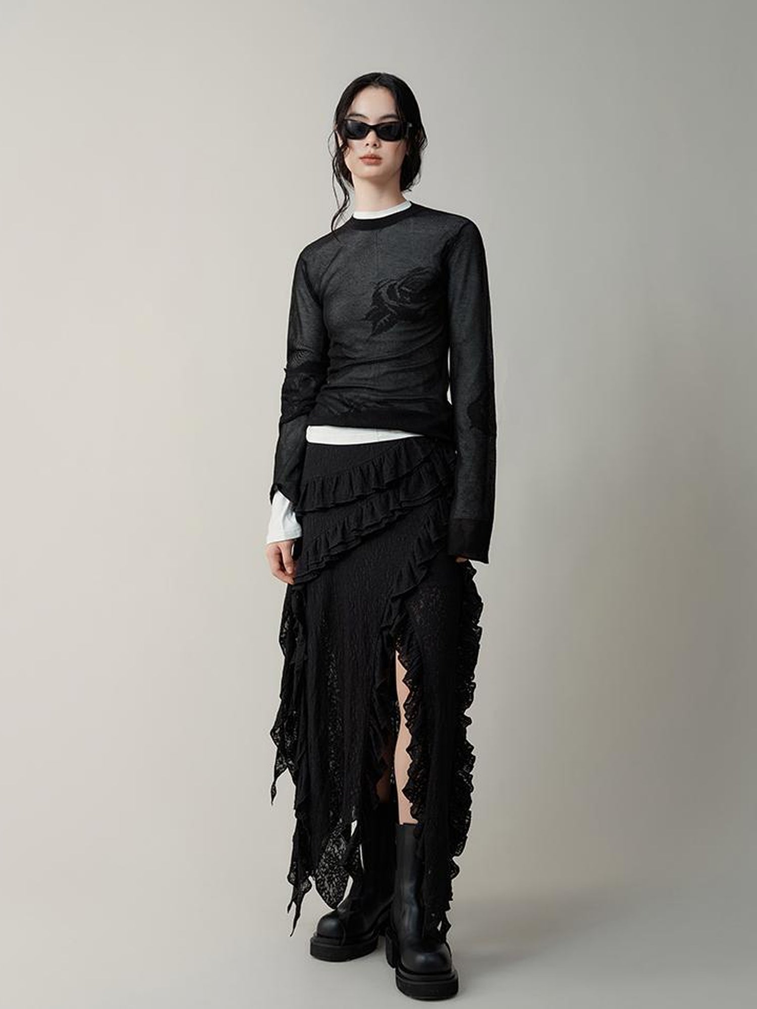 AnnoMundi Semi Sheer Rose Jacquard Knit Tee