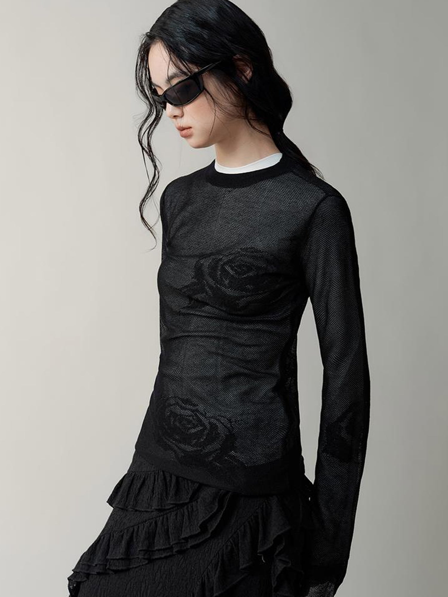 AnnoMundi Semi Sheer Rose Jacquard Knit Tee