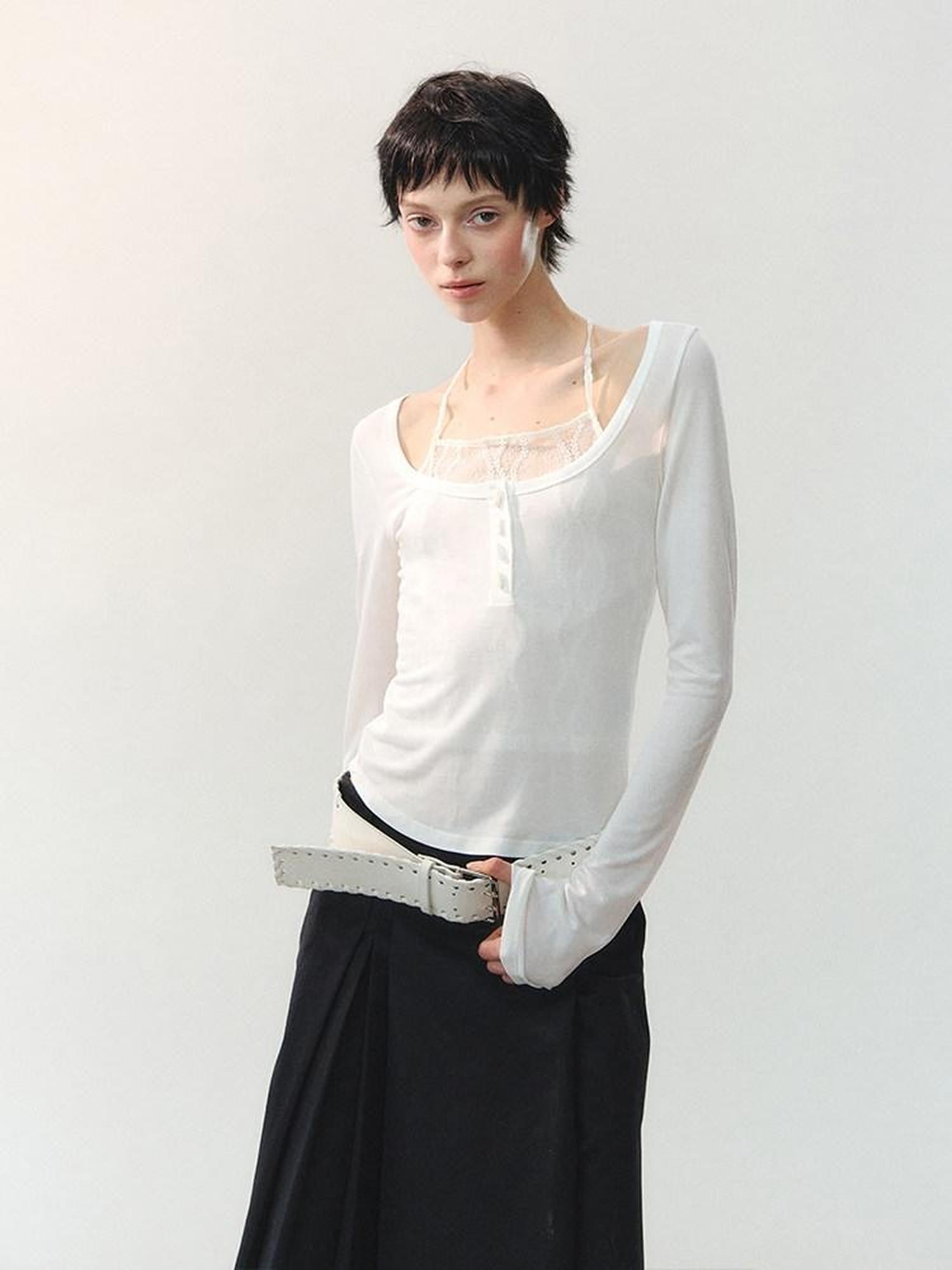 AnnoMundi Semi Sheer White Shell Bead Faux Layered Women&