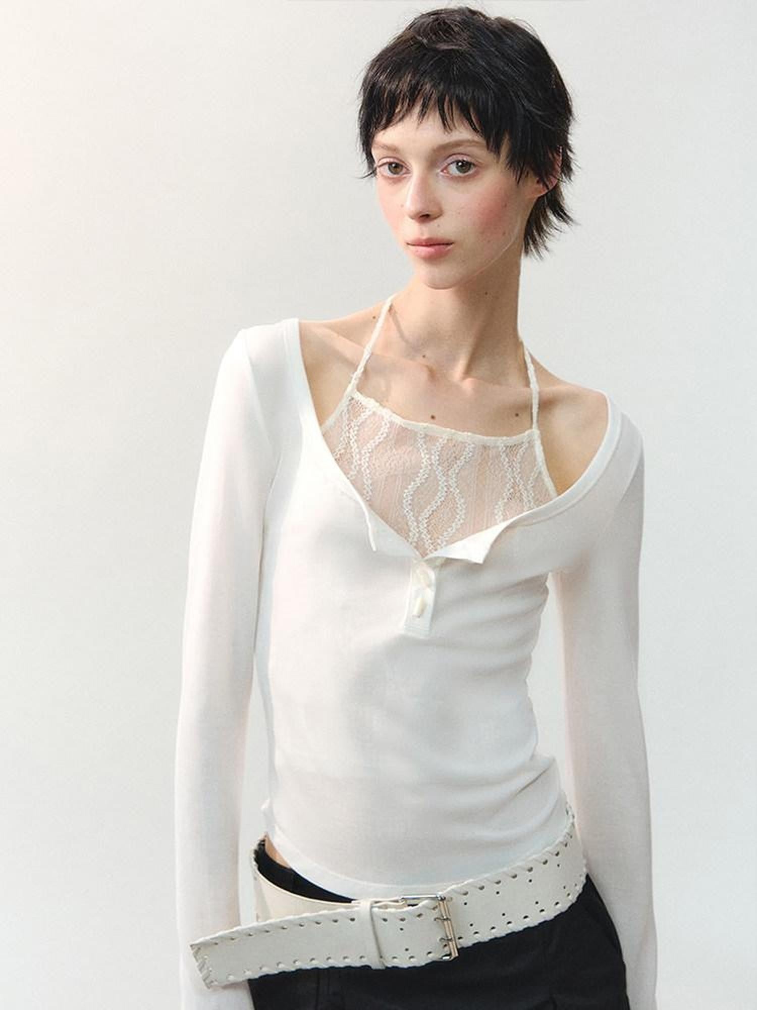 AnnoMundi Semi Sheer White Shell Bead Faux Layered Women&