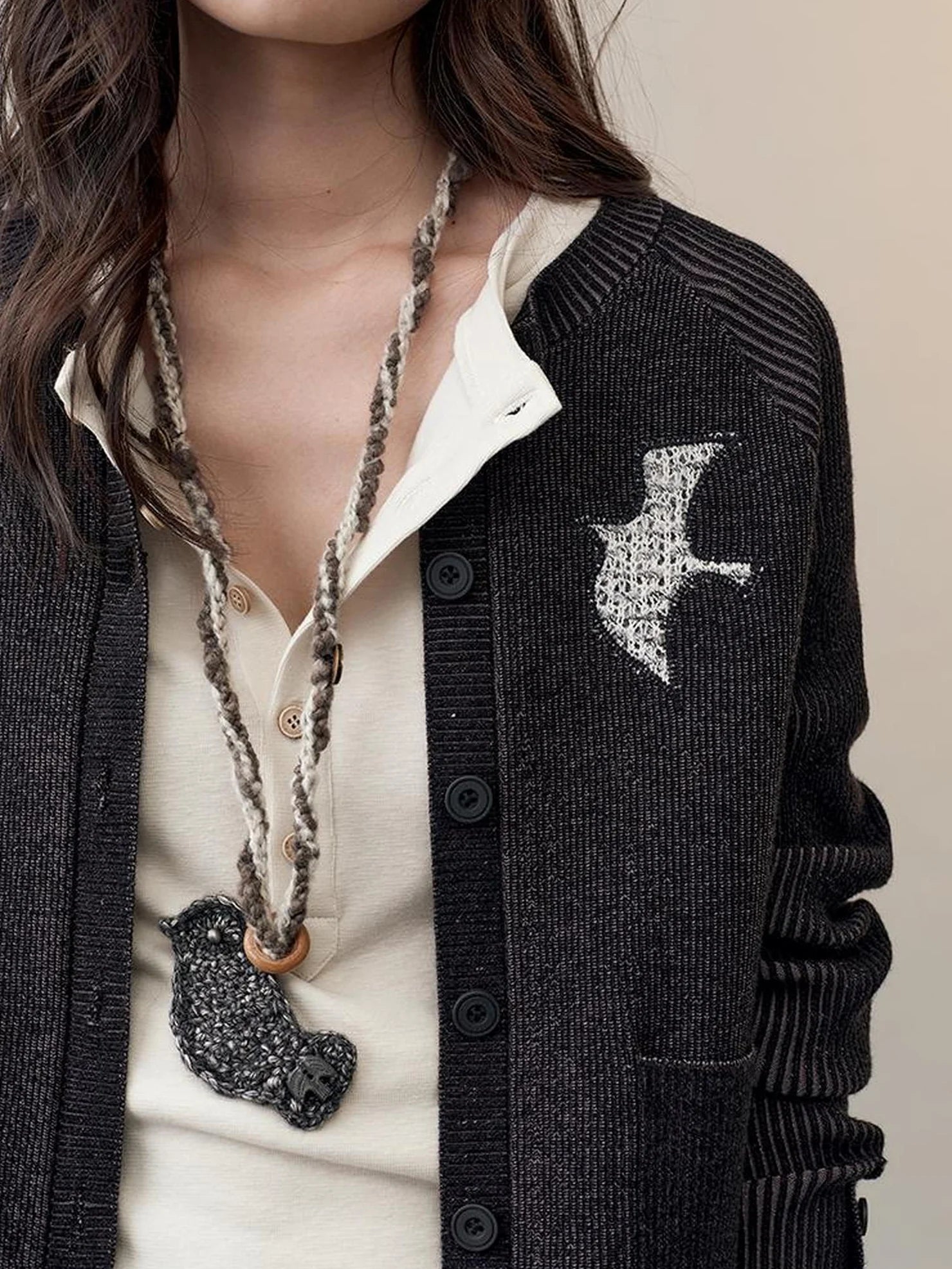 AnnoMundi Shadow Bird Embroidered Cardigan V-neck T-shirt Long Sleeve Cardigan