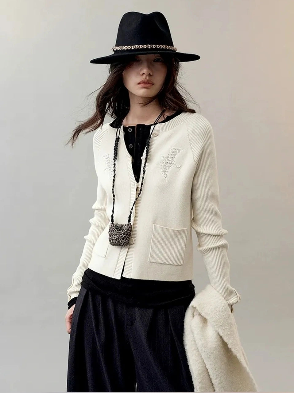 AnnoMundi Shadow Bird Embroidered Cardigan V-neck T-shirt Long Sleeve Cardigan