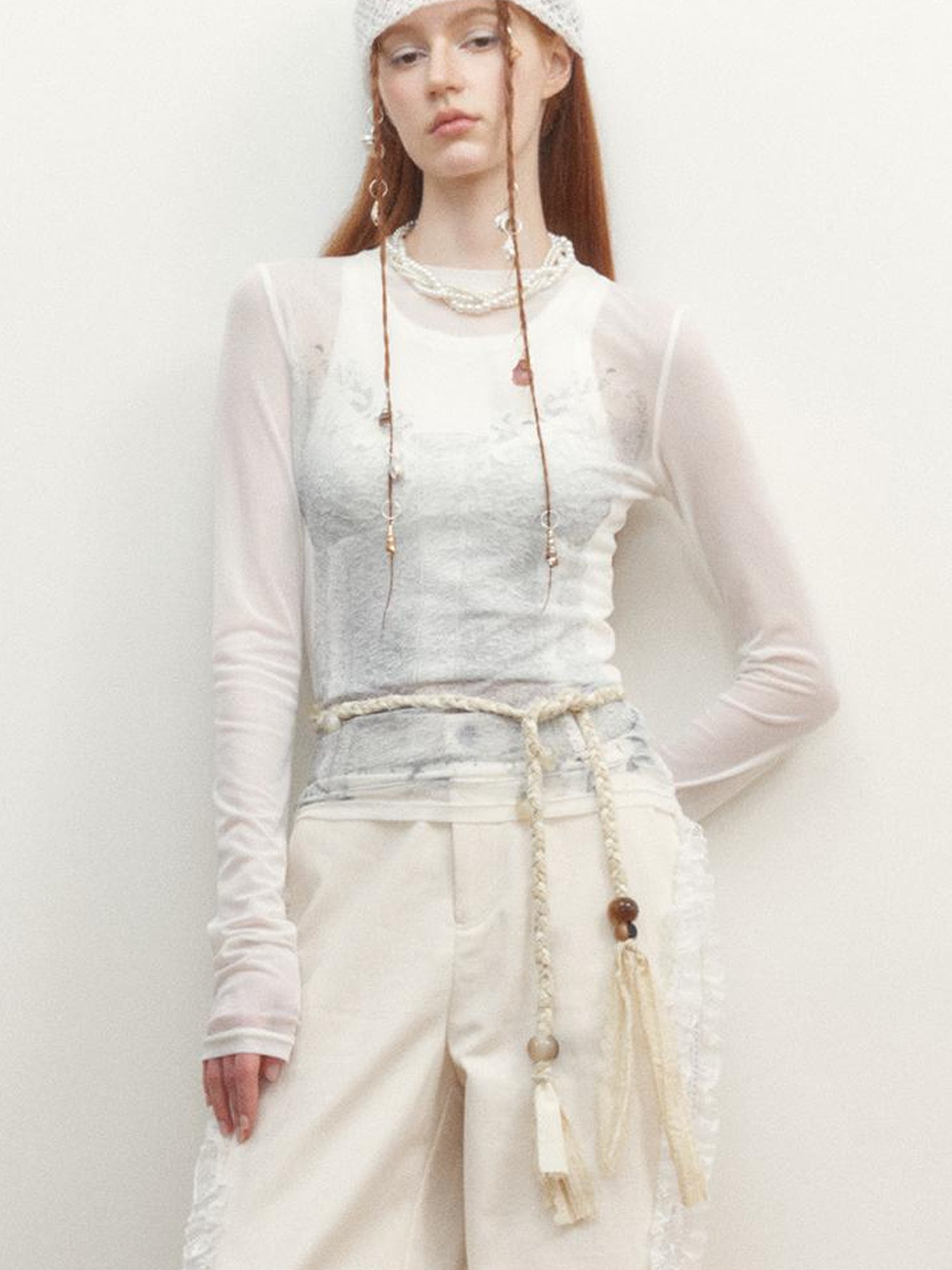 AnnoMundi Sheer Floral Illusion Slim Fit White Long Sleeve Mesh Top