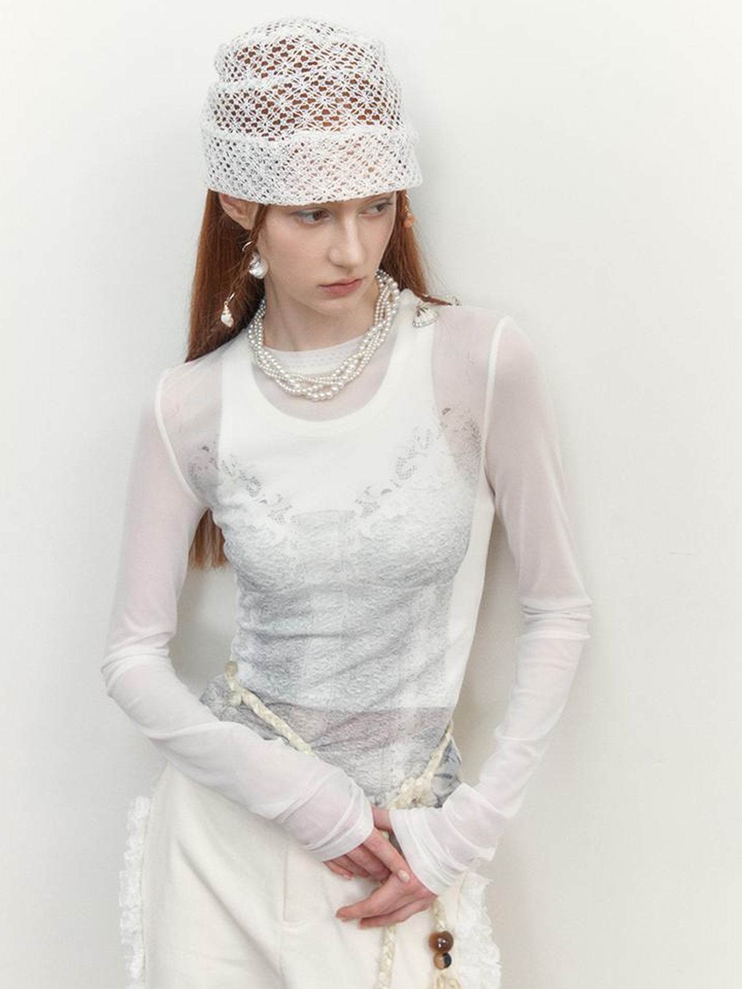 AnnoMundi Sheer Floral Illusion Slim Fit White Long Sleeve Mesh Top