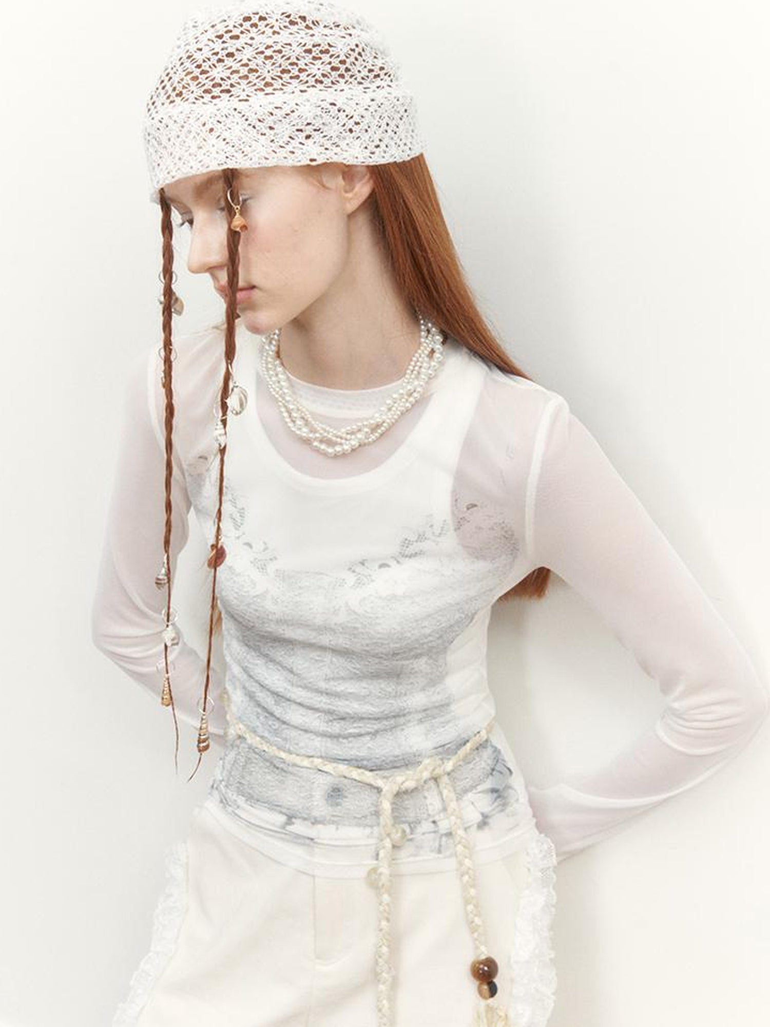 AnnoMundi Sheer Floral Illusion Slim Fit White Long Sleeve Mesh Top