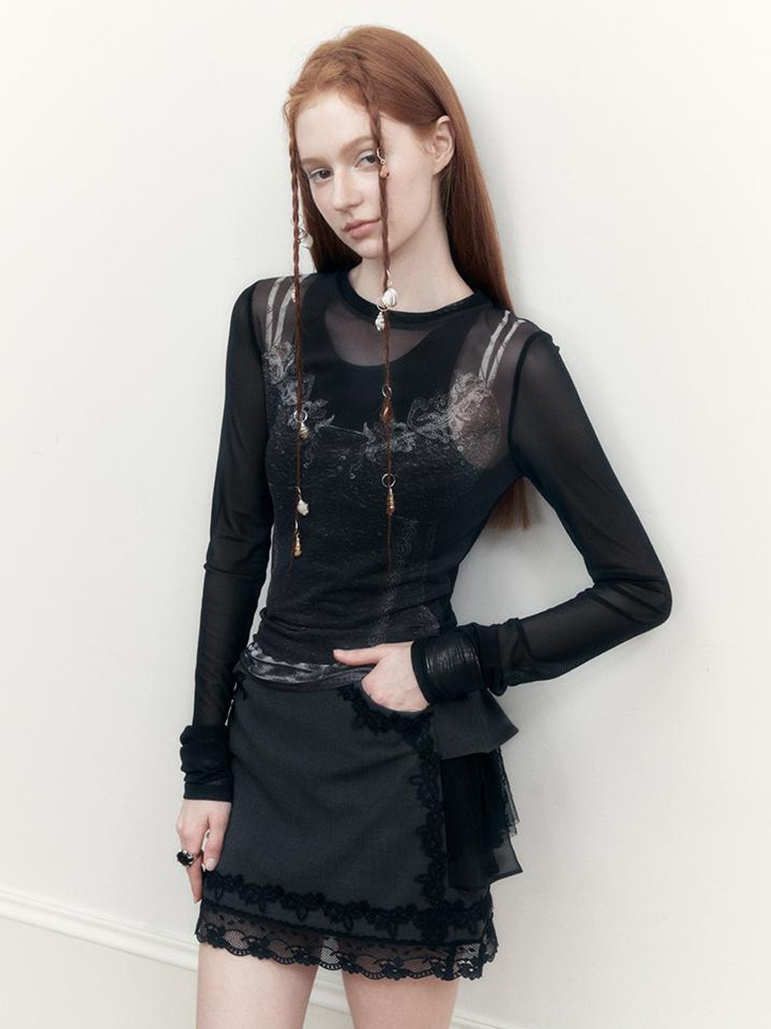 AnnoMundi Sheer Floral Illusion Slim Fit White Long Sleeve Mesh Top