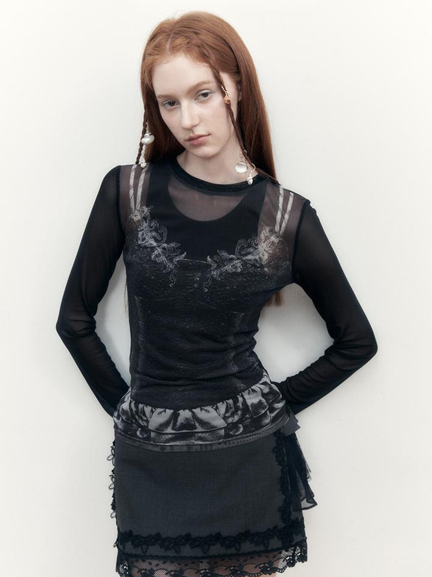 AnnoMundi Sheer Floral Illusion Slim Fit White Long Sleeve Mesh Top