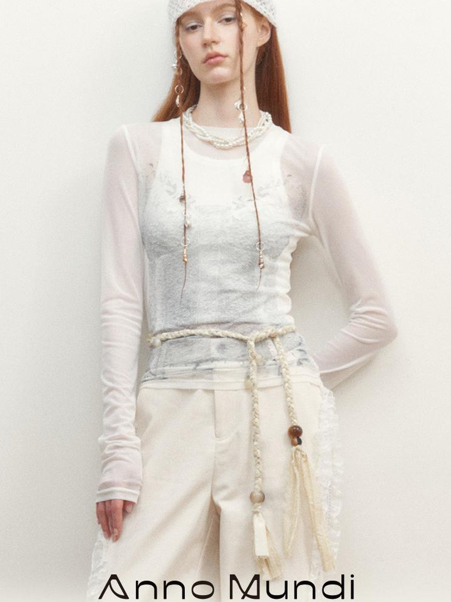 AnnoMundi Sheer Floral Illusion Slim Fit White Long Sleeve Mesh Top