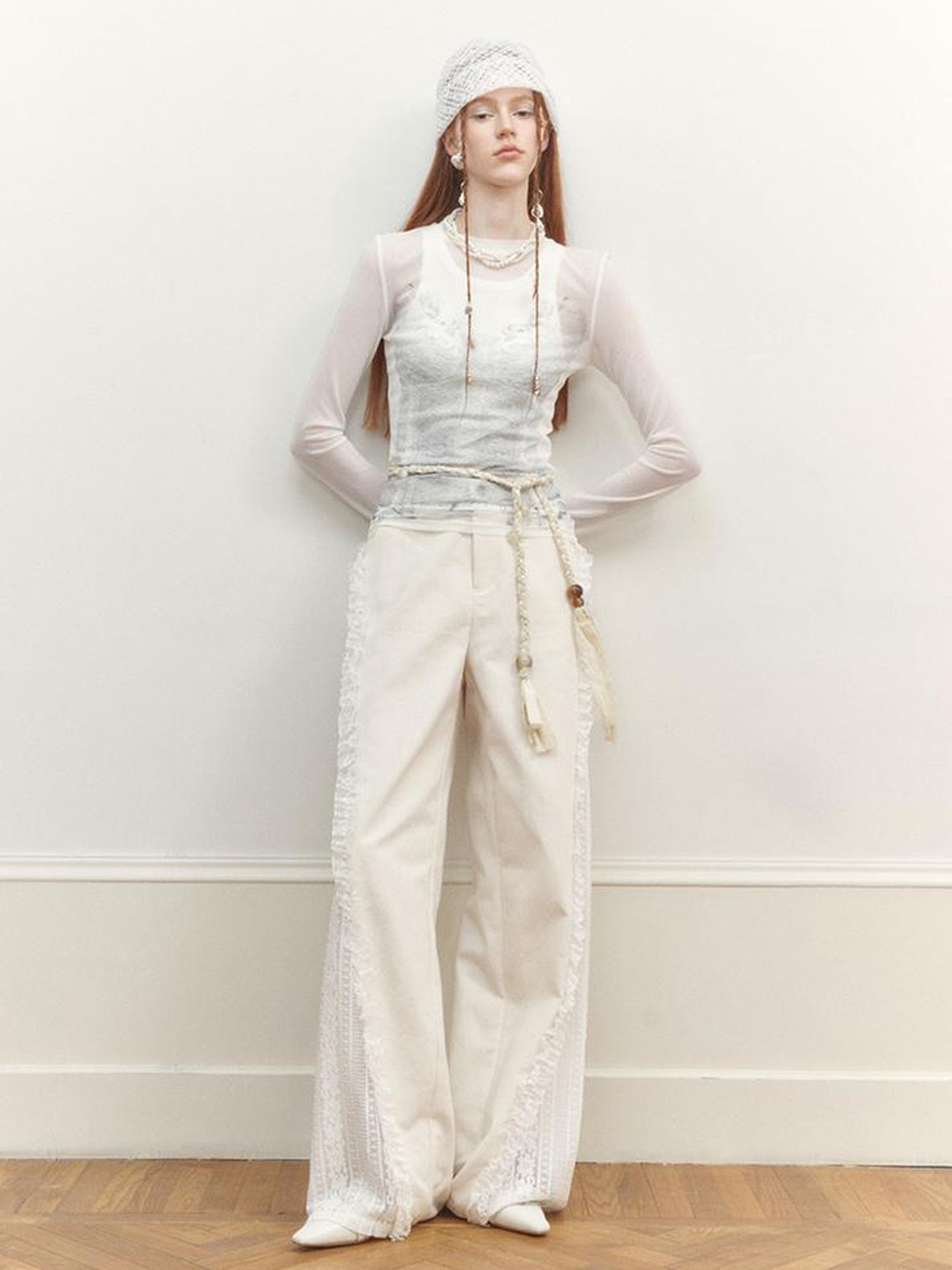 AnnoMundi Sheer Floral Illusion Slim Fit White Long Sleeve Mesh Top