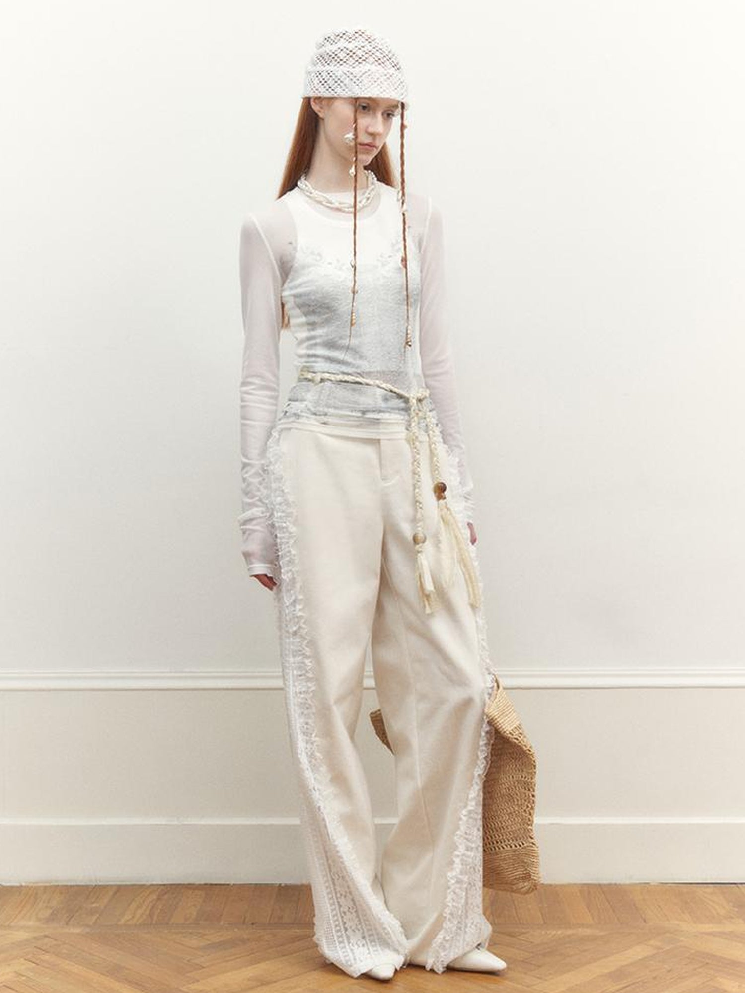 AnnoMundi Sheer Floral Illusion Slim Fit White Long Sleeve Mesh Top