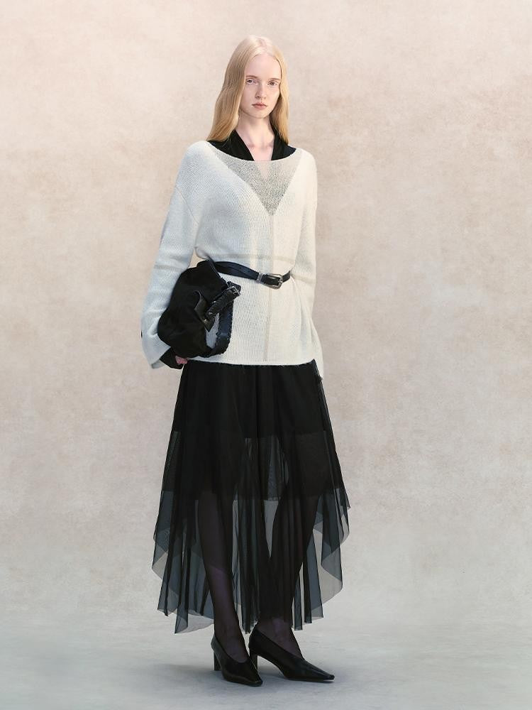AnnoMundi Sheer Knit Shadow V-neck Wool Blend Loose Fit Women&